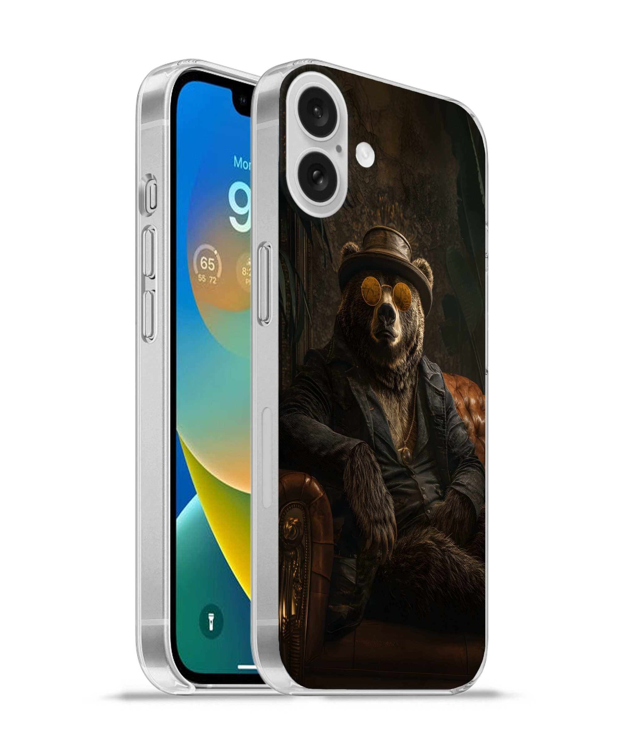 MuchoWow Handyhülle für Apple iPhone 16 Plus Bär - Braun - Anzug - Hut, Smartphone-Bumper, Print, Handy Schutzhülle Dünn