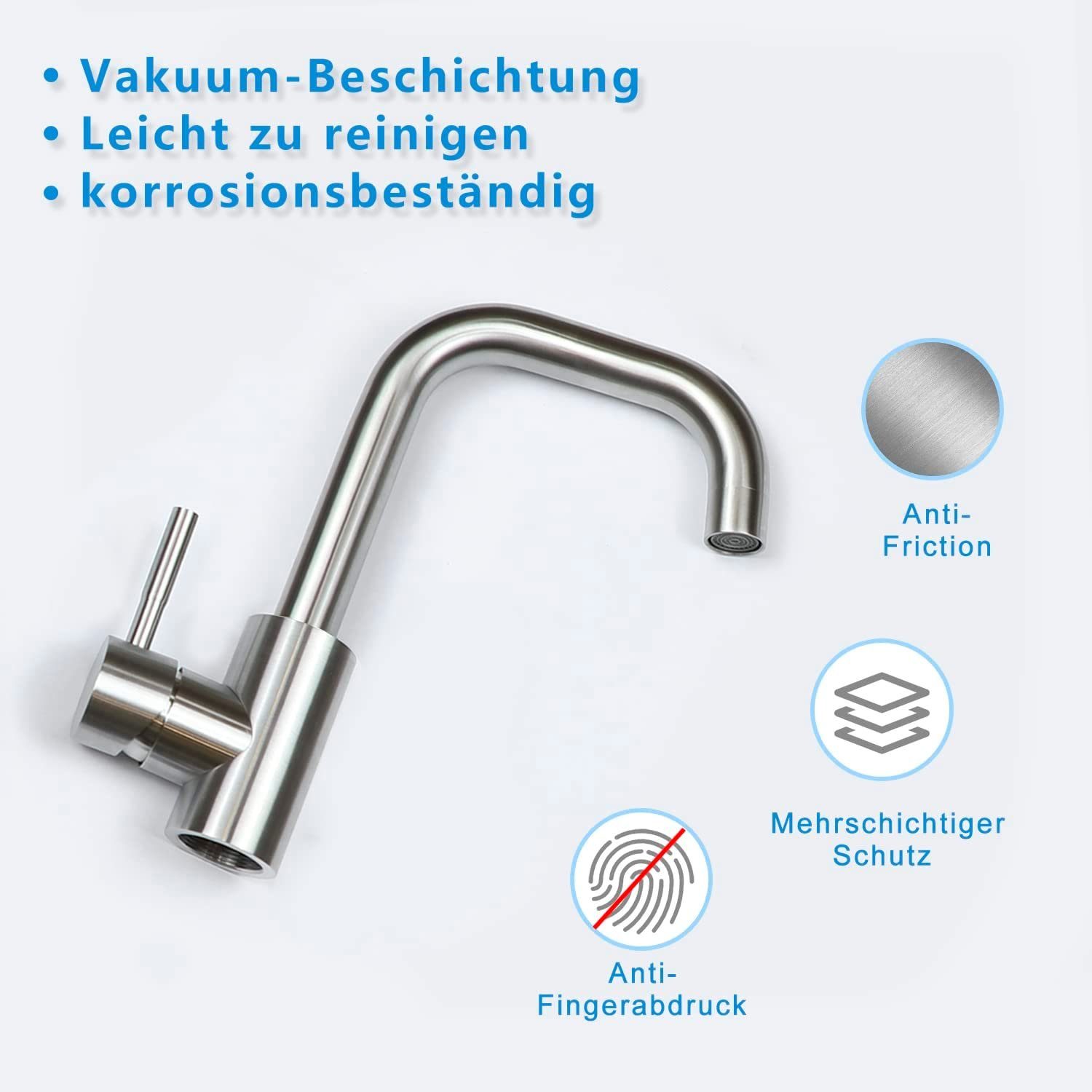 Nettlife Waschtischarmatur Kaltwasserhahn Hochdruck Edelstahl Mischbatterie (1-St., Mischbatterie) 360°Drehbar für Badezimmer
