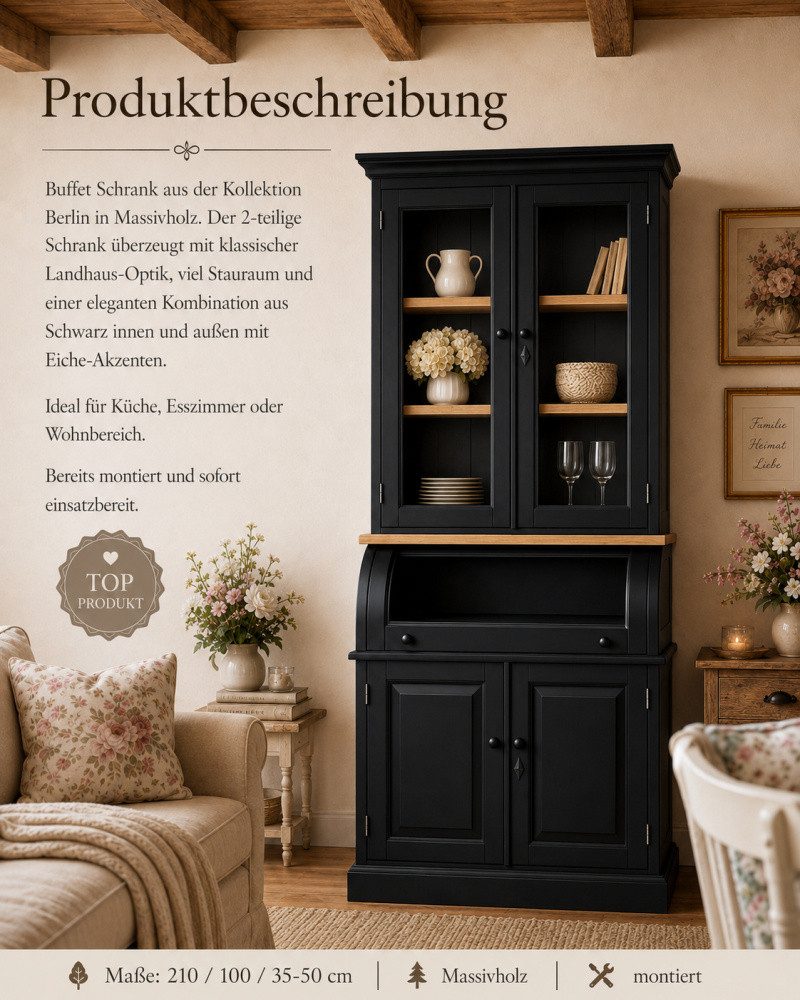 Wohnpalast Buffet Buffet Schrank Berlin 100 cm mit Eiche schwarz Landhaus- Stil