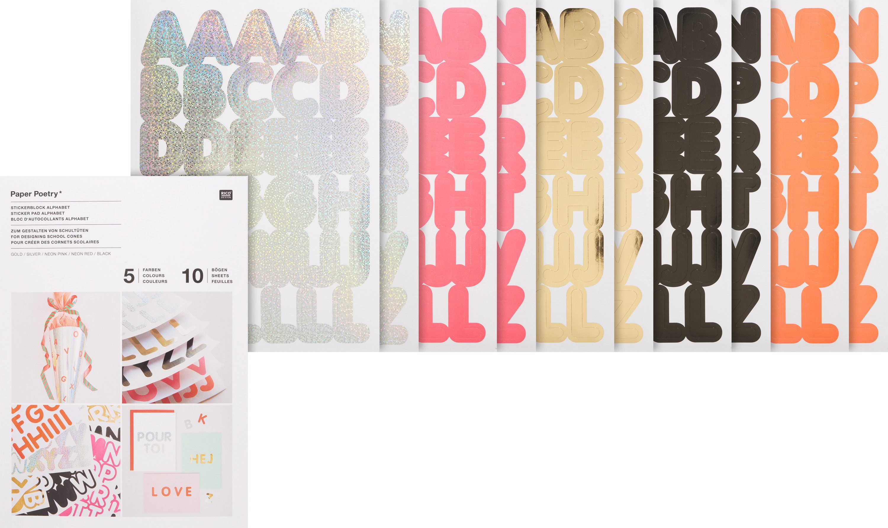 Rico Design Aufkleber Stickerblock Alphabet, 10 Blatt