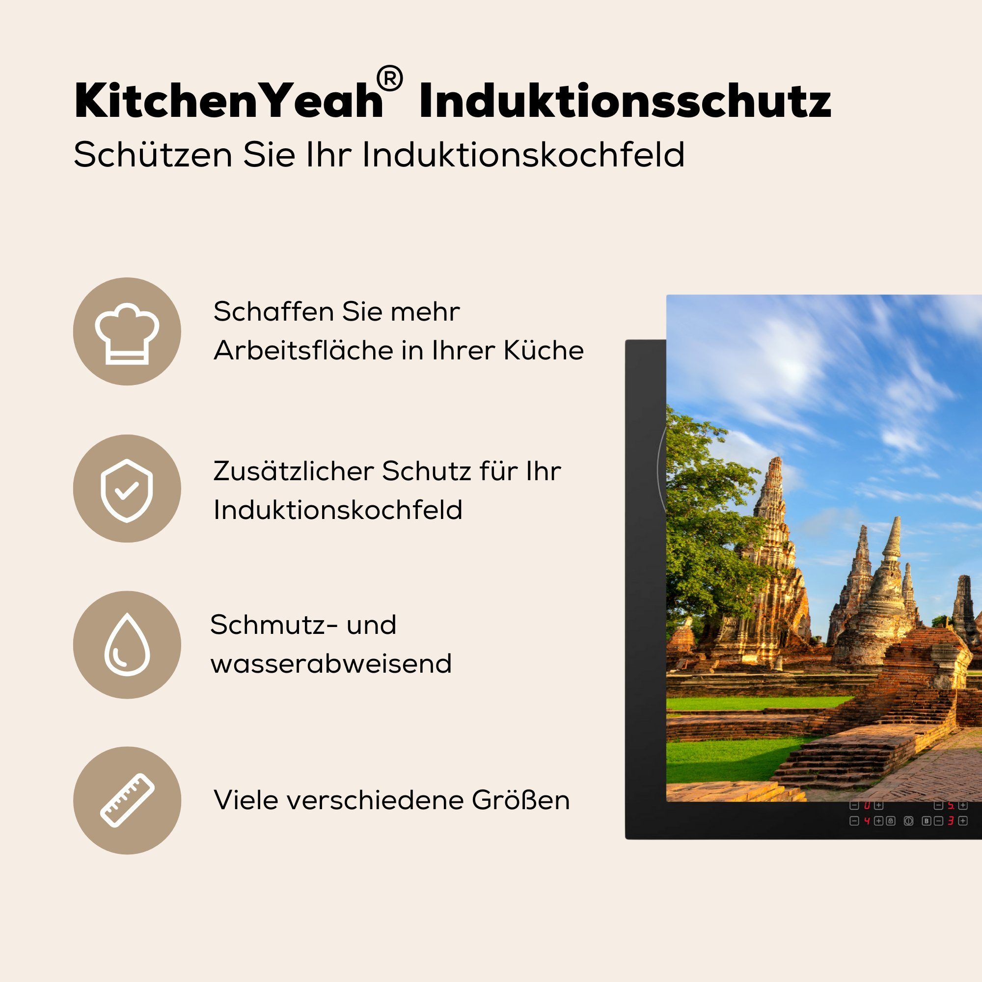 Ceranfeldabdeckung cm, des 81x52 Herdblende-/Abdeckplatte (1 küche, in Vinyl, Schöne MuchoWow Frontansicht tlg), für Schutz Induktionskochfeld Ayutthaya, die Tempels