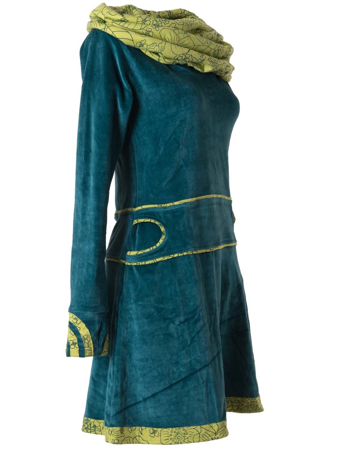 Vishes Midikleid Samtkleid warm mit großem Kapuzenkragen Ethno, Hippie, Goa, Elfen Style – Bild 4 von 5