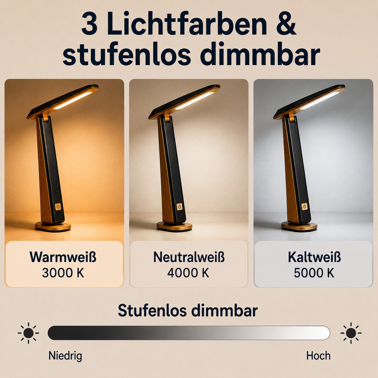 ibettertec LED Schreibtischlampe LED Tischlampe mit Akku, USB-C ladbar, Drei Farbtemperaturen, stufenloses Dimmen Tragbare Leseleuchte – Bild 2 von 5