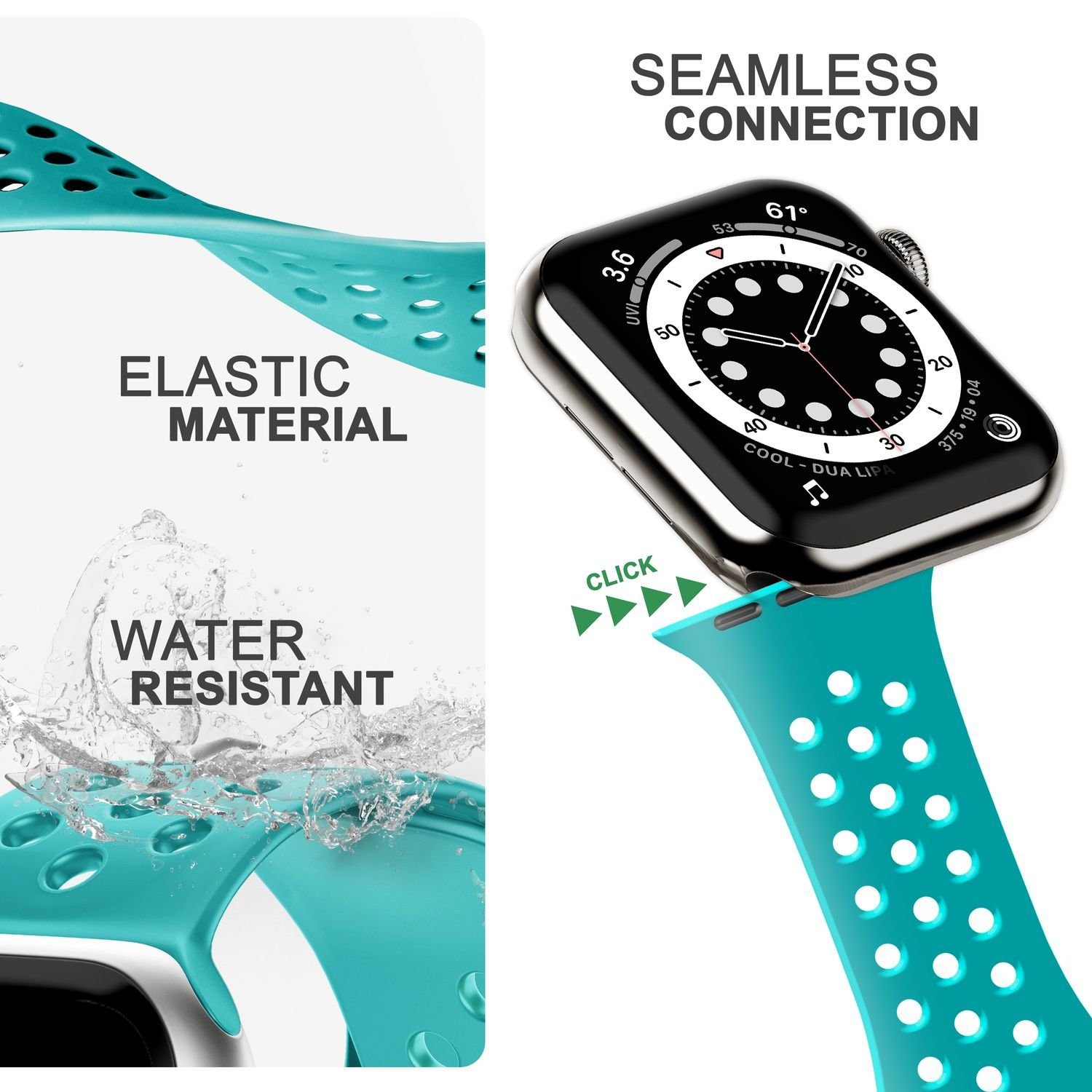 Nalia Smartwatch-Armband Apple Watch 42mm/44mm/45mm/49mm, / Sport Uhr Ersatzband Gelochtes Atmungsaktiv Türkis / Silikon für Fitness