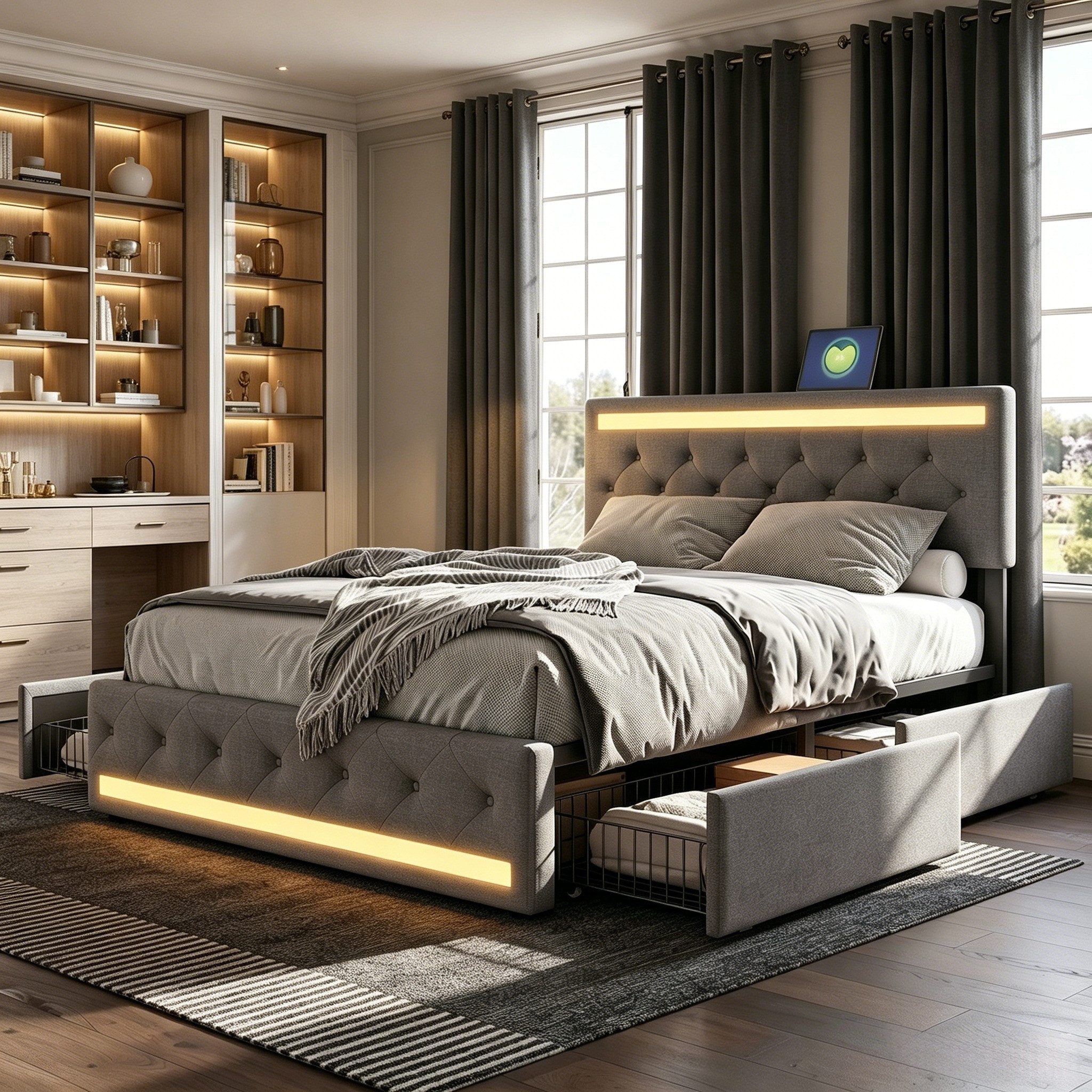 Furnishings Home Polsterbett Stauraumbett Doppelbett (Vier extra große Schubladen unter dem Bett), Mit LED-Beleuchtung, USB & Type-C, Leinen, 180x200 cm