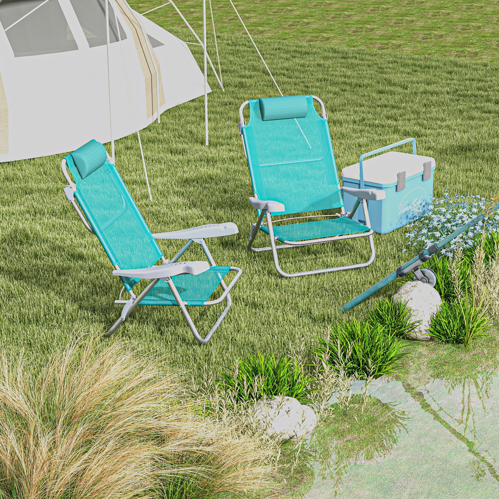 Outsunny Campingstuhl Gartenstuhl mit 6-fach verstellbarer Netzrückenlehne Kopfstütze (faltbar Anglerstuhl, 2 St), bis 120 kg für Garten Strand Türkis