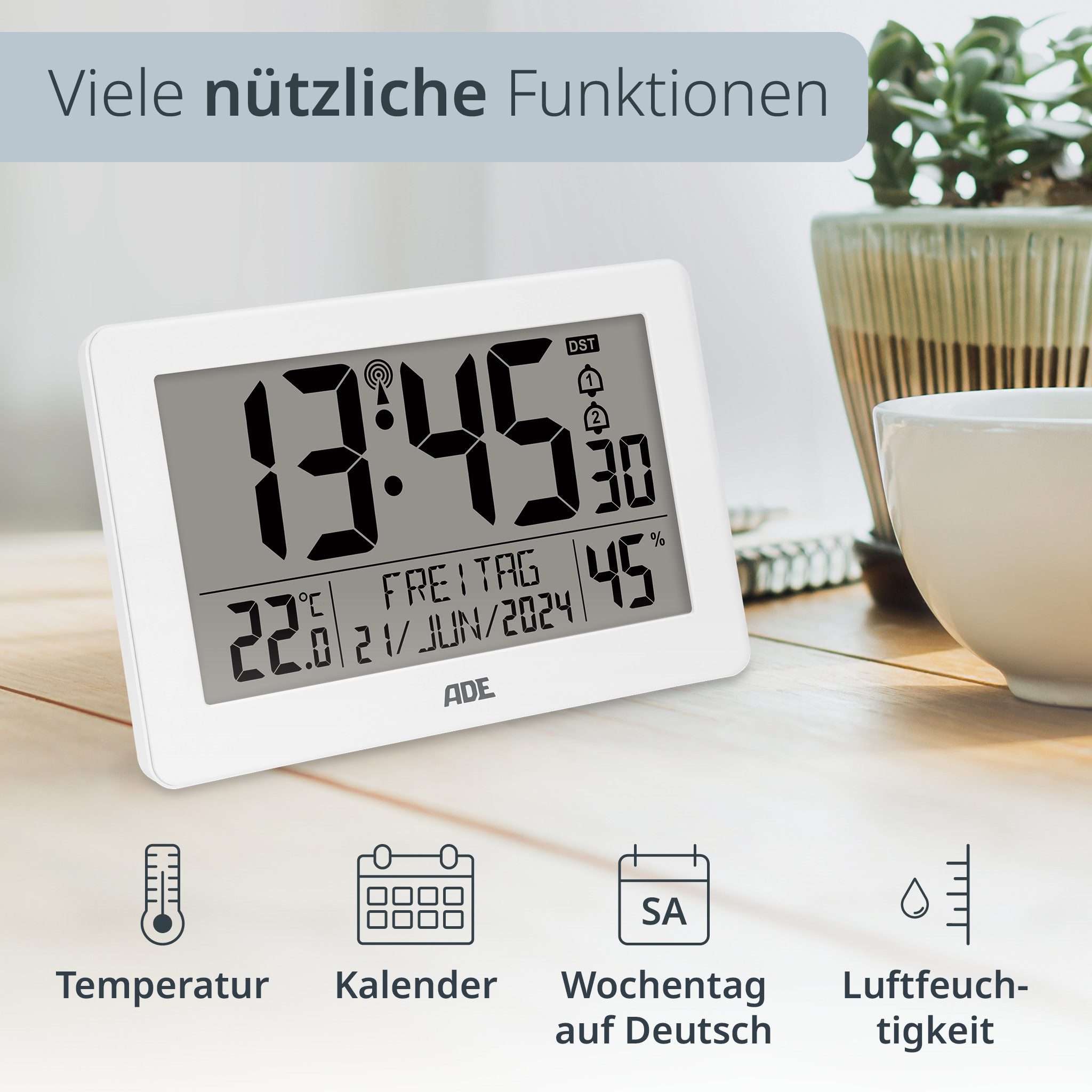 ADE Funktischuhr Digitale Tischuhr Wecker mit Thermometer und Hygrometer 2 Weckzeiten, ausgeschriebener Wochentag, zum Hängen oder Stellen