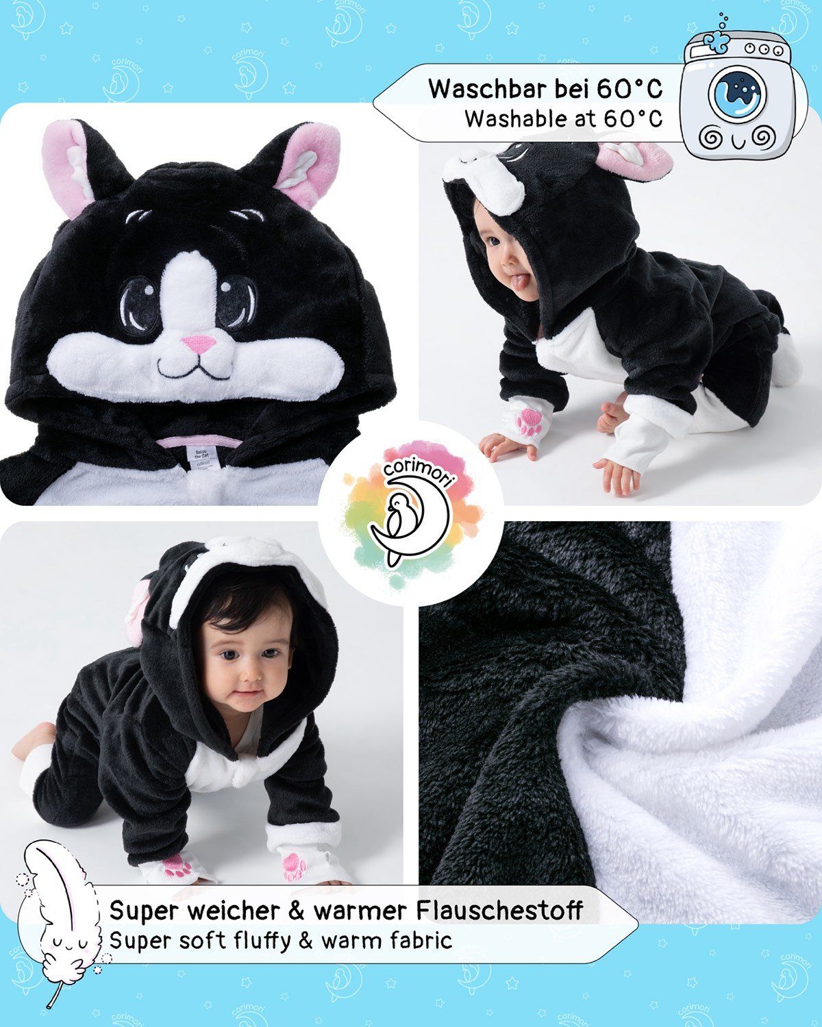 Corimori Strampler Flauschiges Katzen-Kostüm Neugeborene, Fasching, Katze, für Babies, Karneval Verkleidung, schwarz-weiß, (1-tlg)