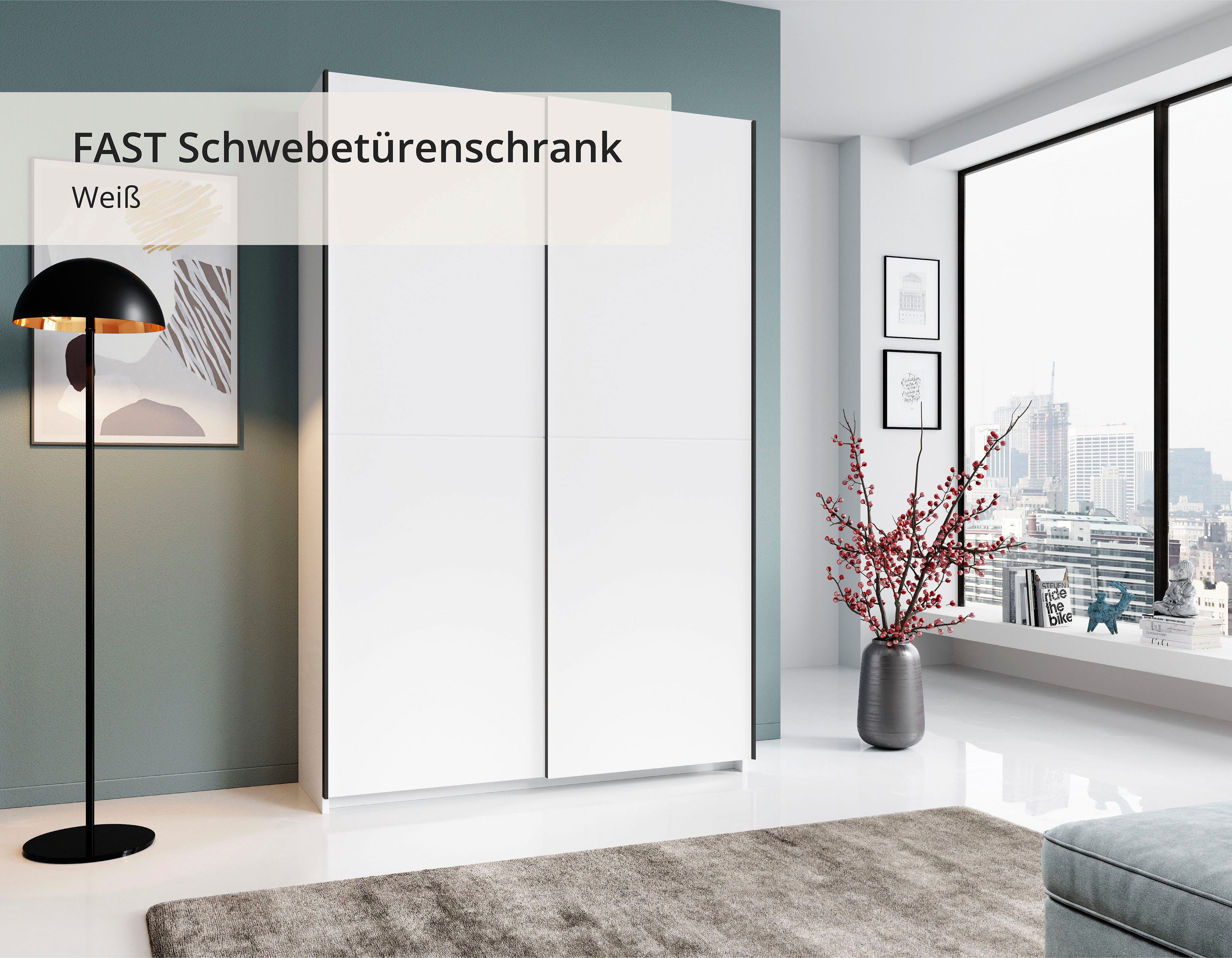 Schlafkontor Schwebetürenschrank Heimo/Fast Schrank Kleiderschrank Garderobe geringe Tiefe, ausziehbarer Kleiderstange, Garderobenschrank, 6 Böden