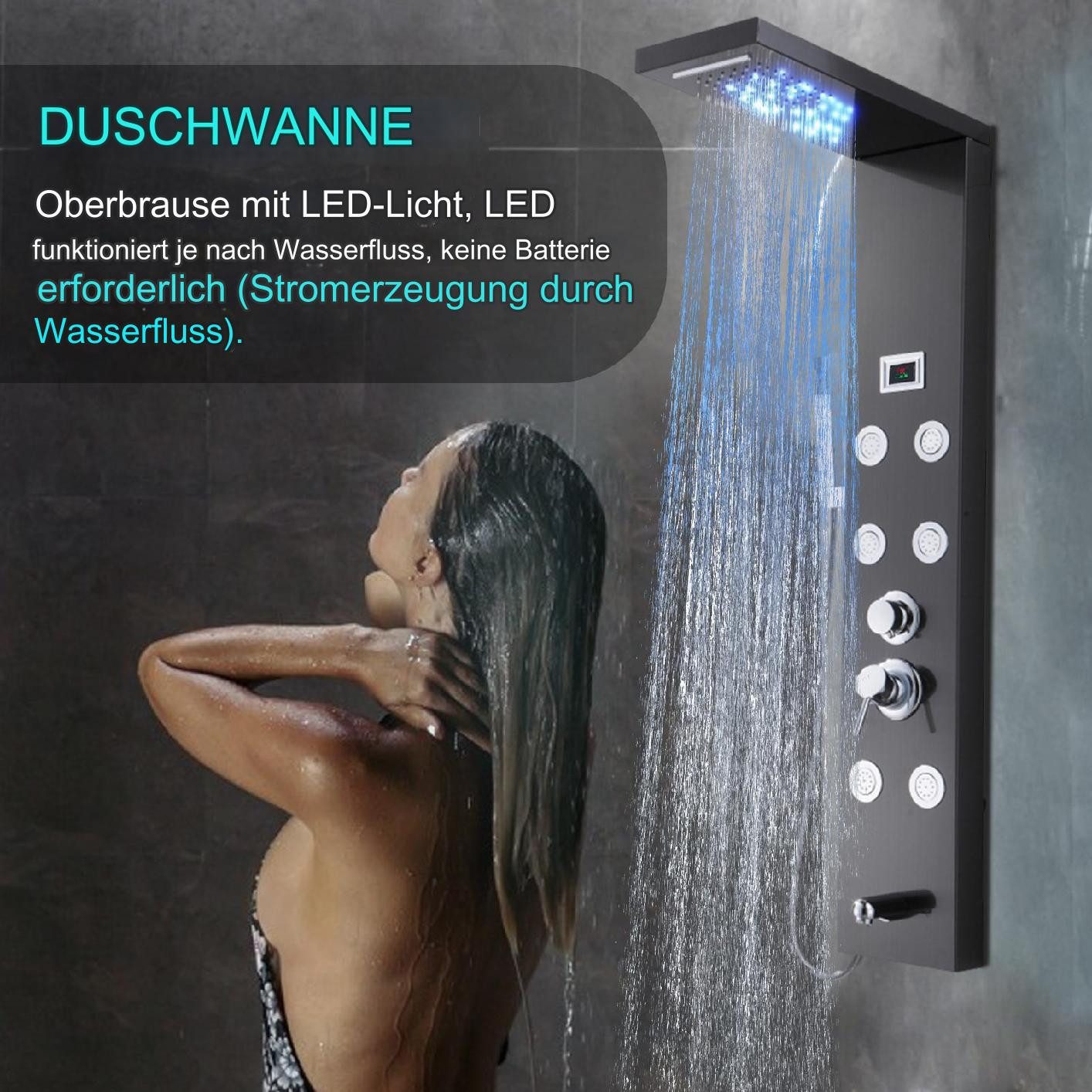 Vellora Duschsystem 304 Edelstahl Duschabtrennung, Schwarz, mit Temperaturanzeige, G1/2", 5 Strahlart(en), Riffel-Nickel-Verarbeitung, 1 tlg., Wasserstromerzeugung, 5 Arten von Wasserabgabemodi