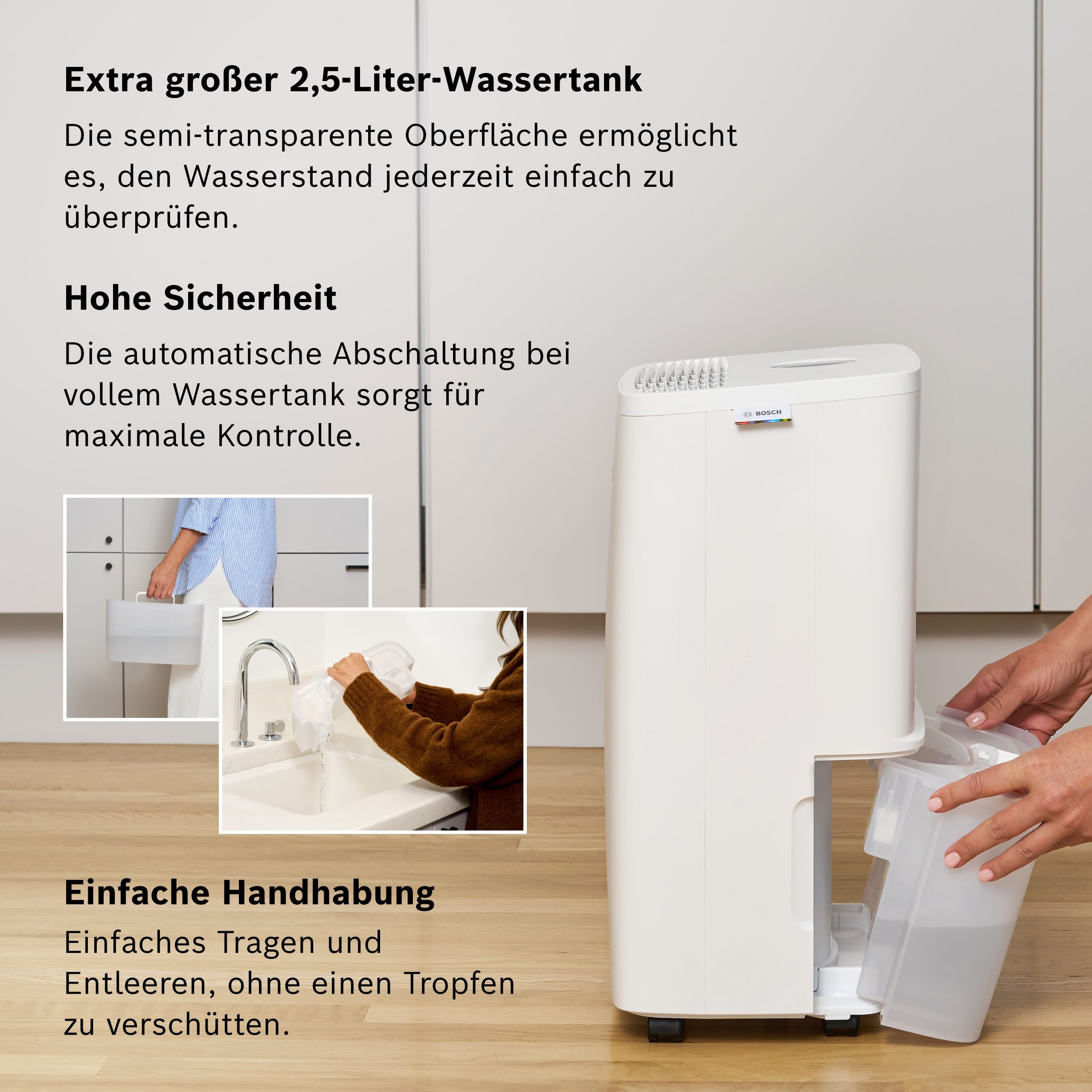 BOSCH Luftentfeuchter Dry 1000 - Ideal für die Wohnung & schnelle Trocknung der Wäsche, Entfeuchtung 10 l/Tag, Tank 2,5 l, Ultra-leiser Betrieb, nur 34 dB(A) – Bild 5 von 5