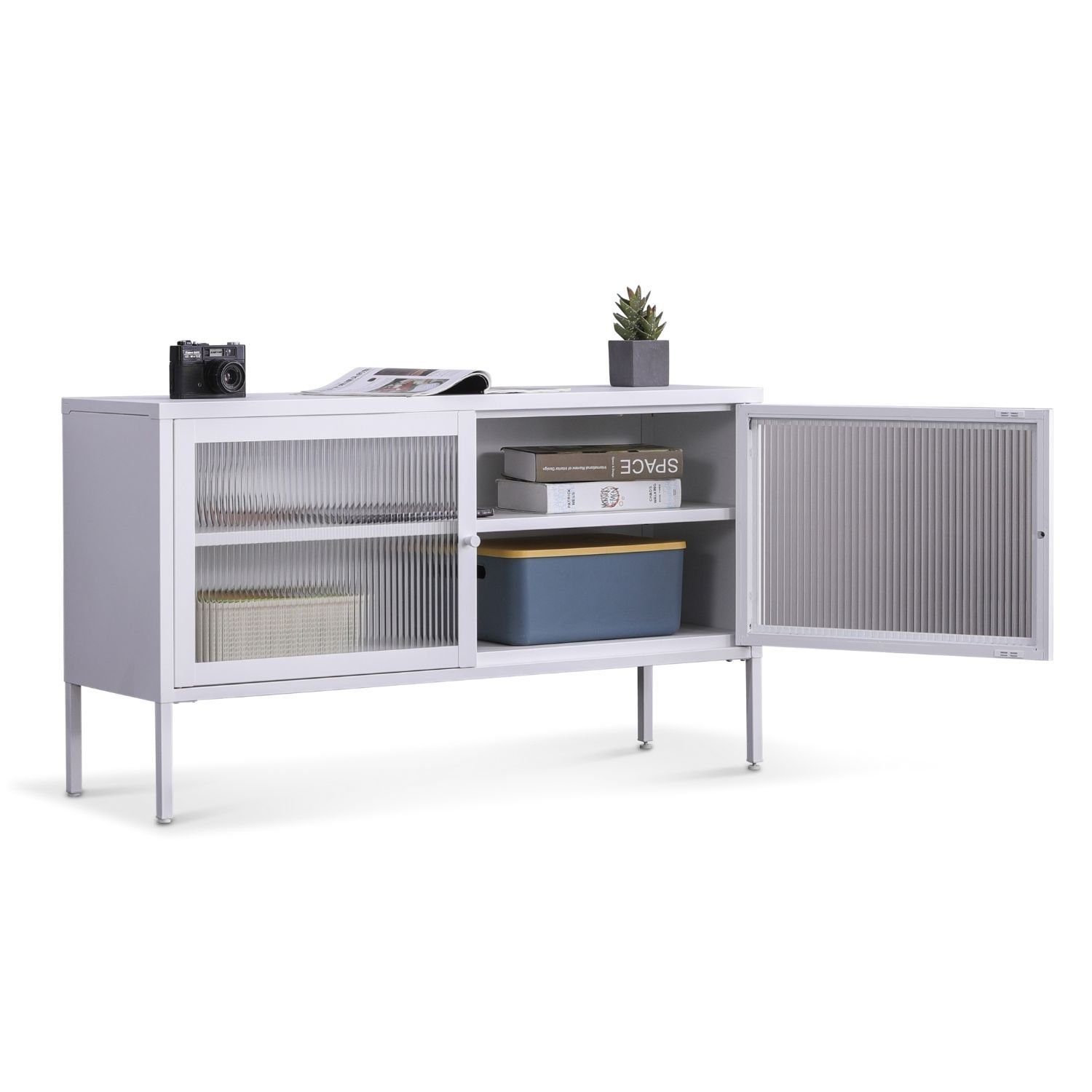 Coemo Sideboard TOKIO, Weiß Kommode Metall 2 Glastüren Einlegeboden - langlebig & elegant