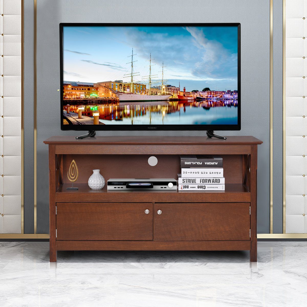 COSTWAY TV-Schrank Lowboard mit & x 112 61 cm 2 Holz, Regal Braun 40 Türen, x