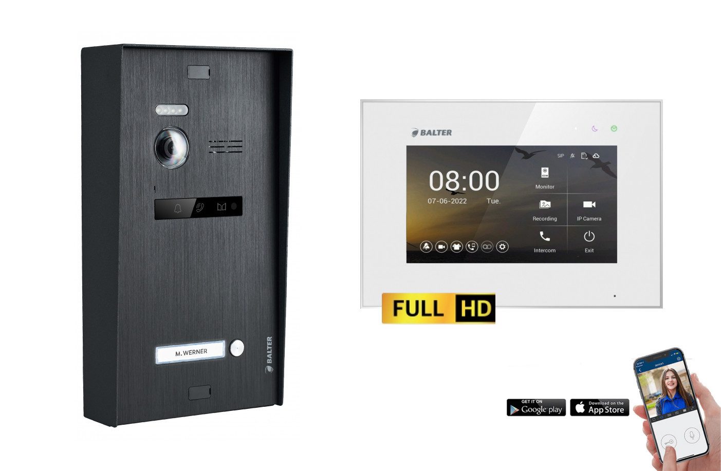 Balter Video-Türsprechanlage BALTER EVO-HD Aufputz Türsprechanlage 1-Familienhaus Schwarz Weiß (Set, 1-Familienhaus, Komplettset, Full HD 175° Kamera, App-Steuerung)