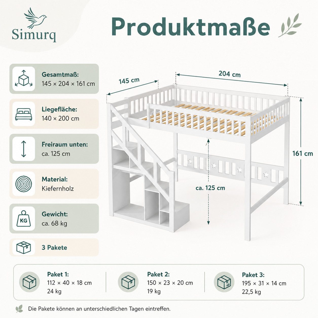 Simurq Hochbett 140x200 cm Weiß mit Treppe & Rausfallschutz