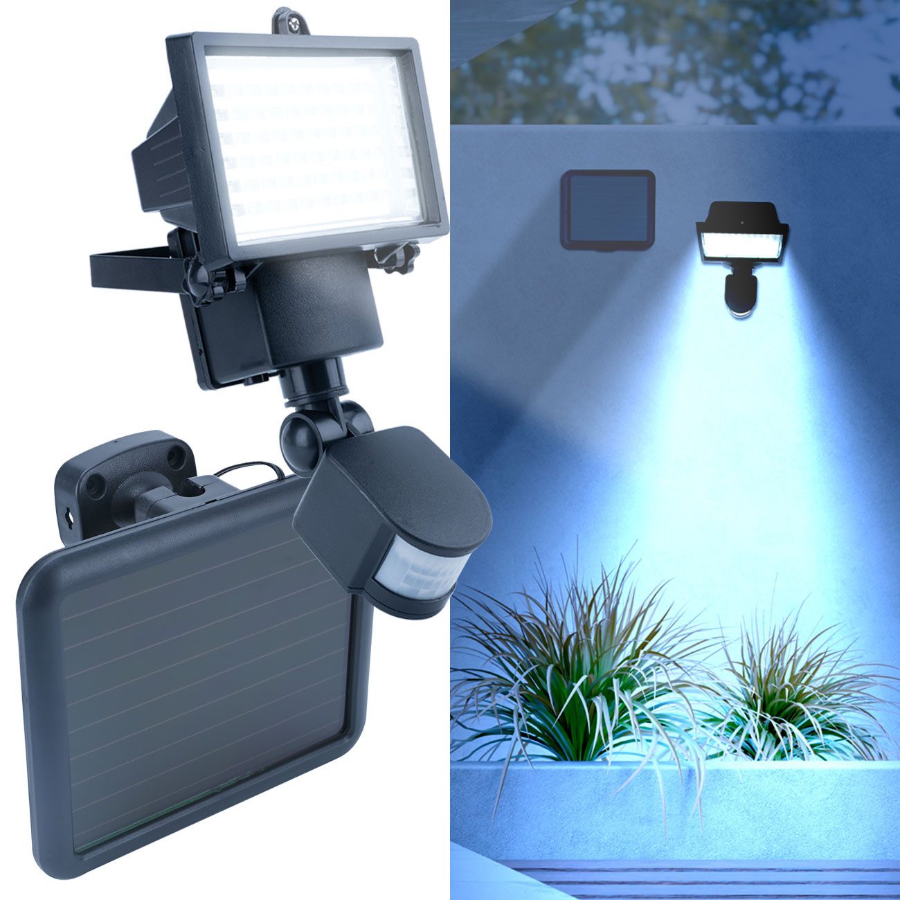 Casativo LED Außen-Wandleuchte Solar LED Wandfluter für Außen 12W 750 Lumen IP44 mit PIR-Sensor 180°, LED, Reichweite 2 bis 18 m, PIR + Dämmerungssensor 180° schwenkbar 12 W