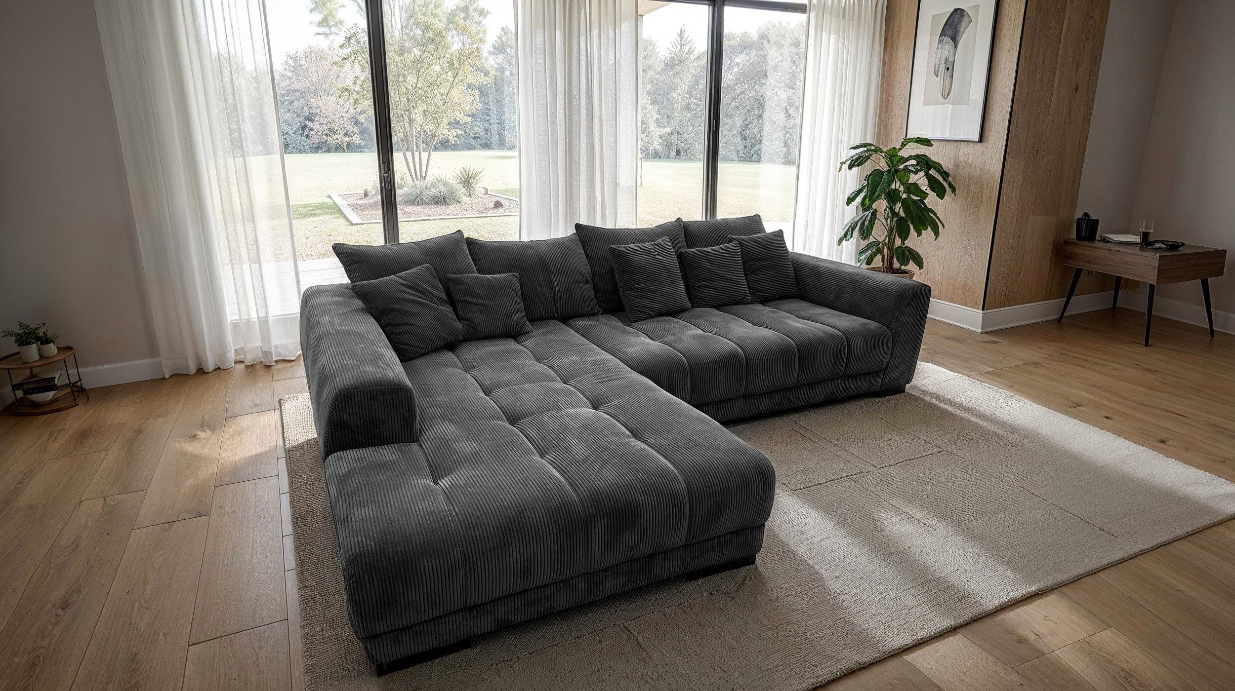 Massivart® Ecksofa Cord 300x215 cm / Nosagfederung / Cordsofa / ARTEMIS, inkl. Kissen-Set · frei im Raum stellbar