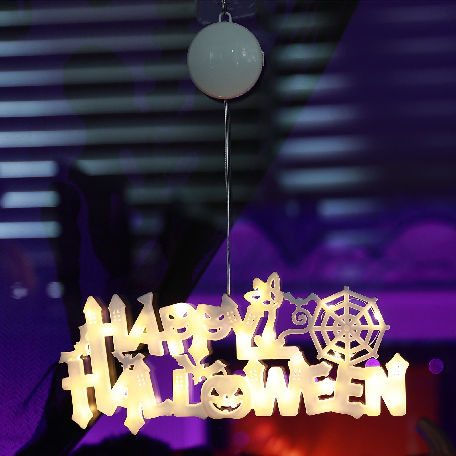 MUPOO LED Dekofigur Happy Halloween Hängende Halloween Lichterketten,LED Dekolicht, Fenster Lichterkette Leuchtfiguren, Violett/Warmweiß Batterie,für Weihnachten Deko,Balkon,Party,Hochzeit Warmes Weiß