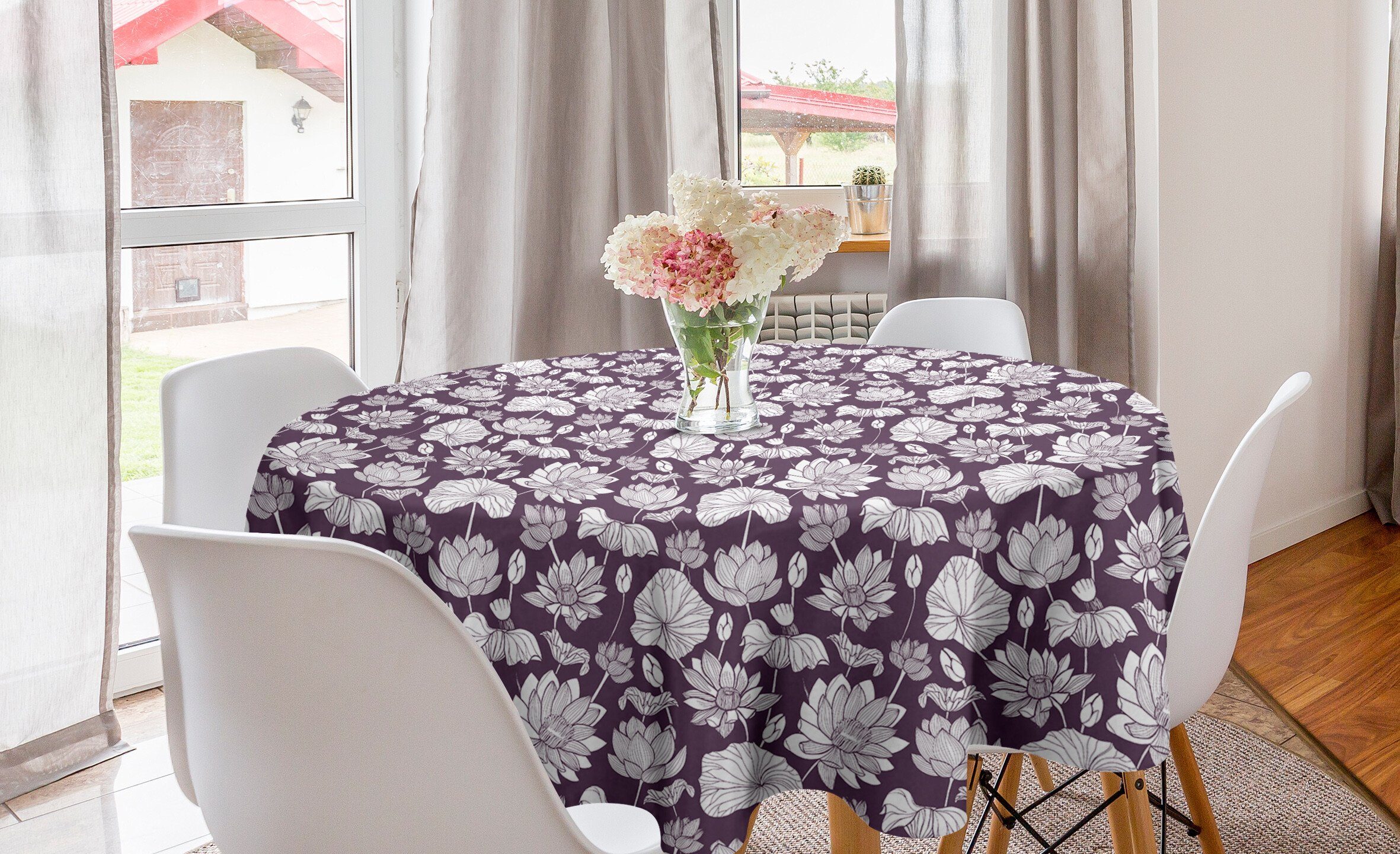 Abakuhaus Tischdecke Kreis Tischdecke Abdeckung für Esszimmer Küche Dekoration, Blume Monochrome Blumenweinl