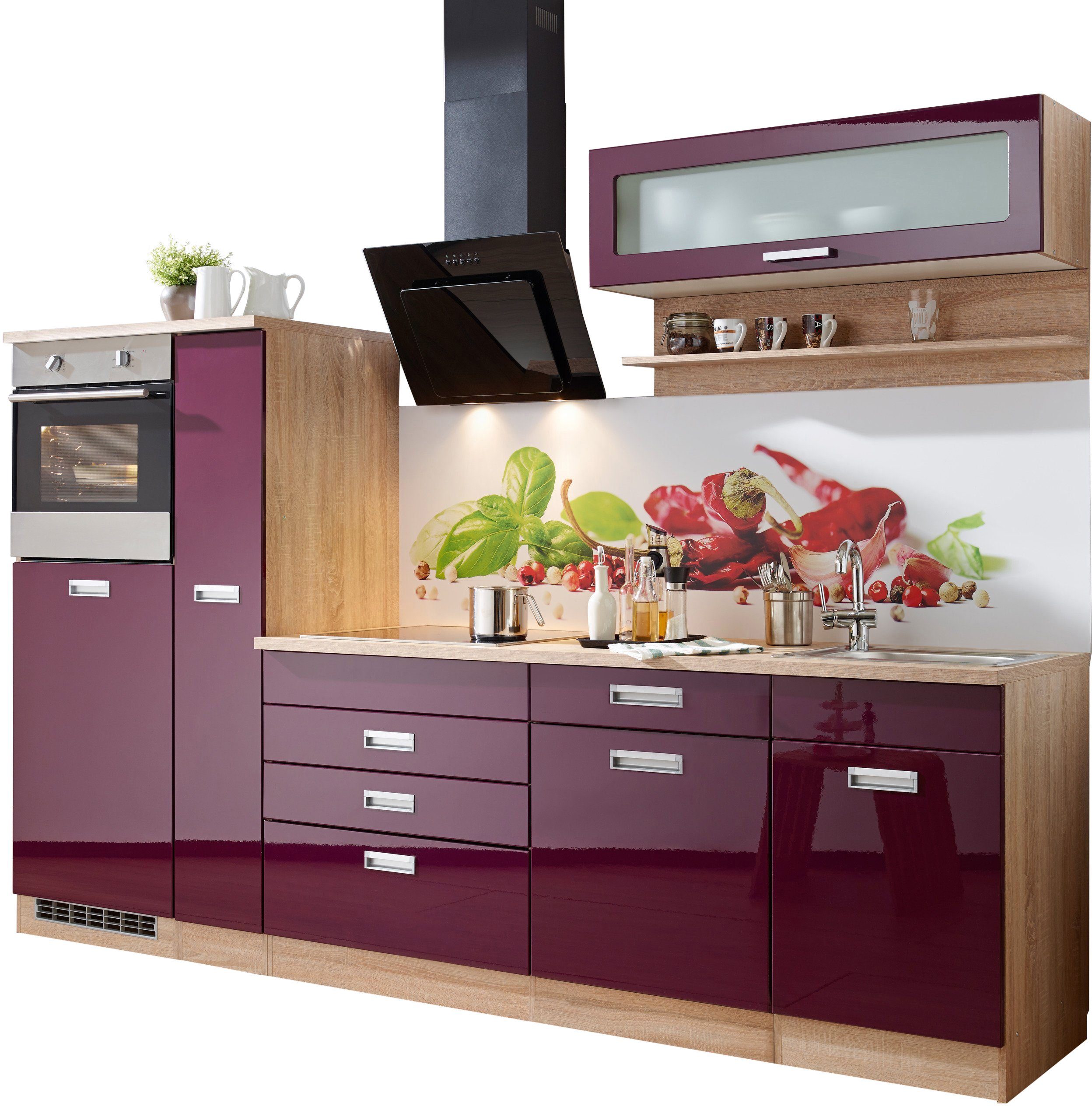 HELD MÖBEL Küchenzeile Fulda, mit E-Geräten, Breite 270 cm, Fronten mit  eingelassener Aluminium Griffleiste