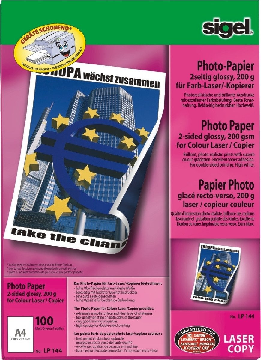 Sigel Fotopapier Photopapier A4 200g/qm für Farb-Laser/-Kopierer glossy VE=100 Blatt