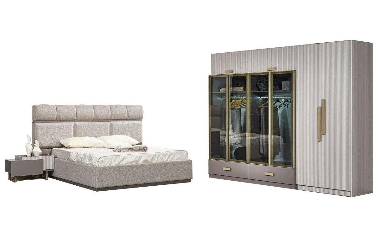 Schlafzimmer-Set Garnitur Schlafzimmer Doppelbett Nachttische Kleiderschrank Beige 4tlg