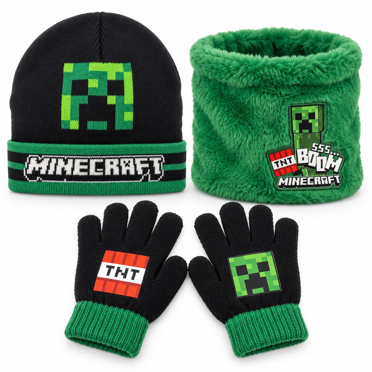 Minecraft Bommelmütze Minecraft Creeper Kinder 3tlg Set Wintermütze Mütze Snood Handschuhe