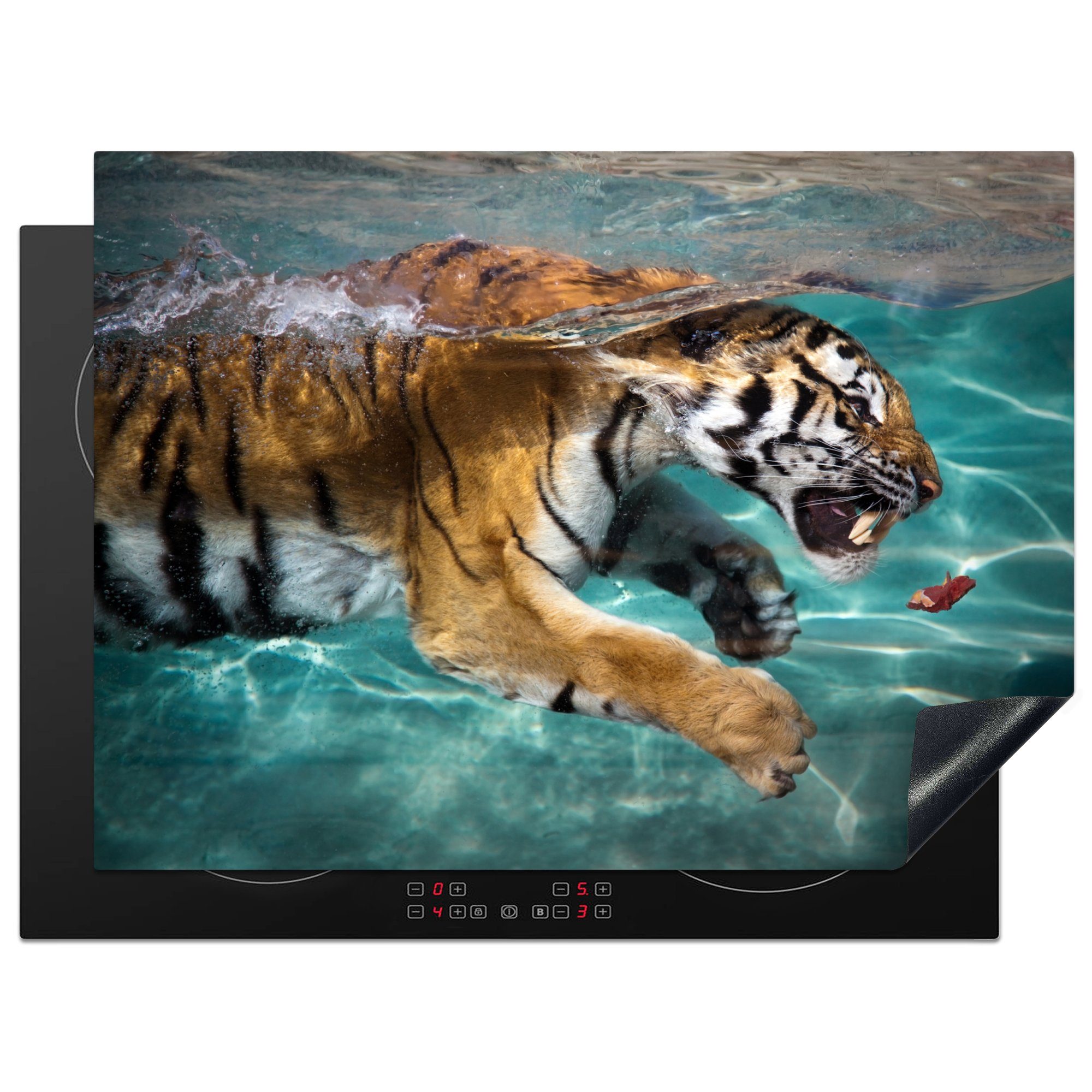 MuchoWow Herdblende-/Abdeckplatte Schwimmender Tiger, Vinyl, (1 tlg), 70x52 cm, Mobile Arbeitsfläche nutzbar, Ceranfeldabdeckung
