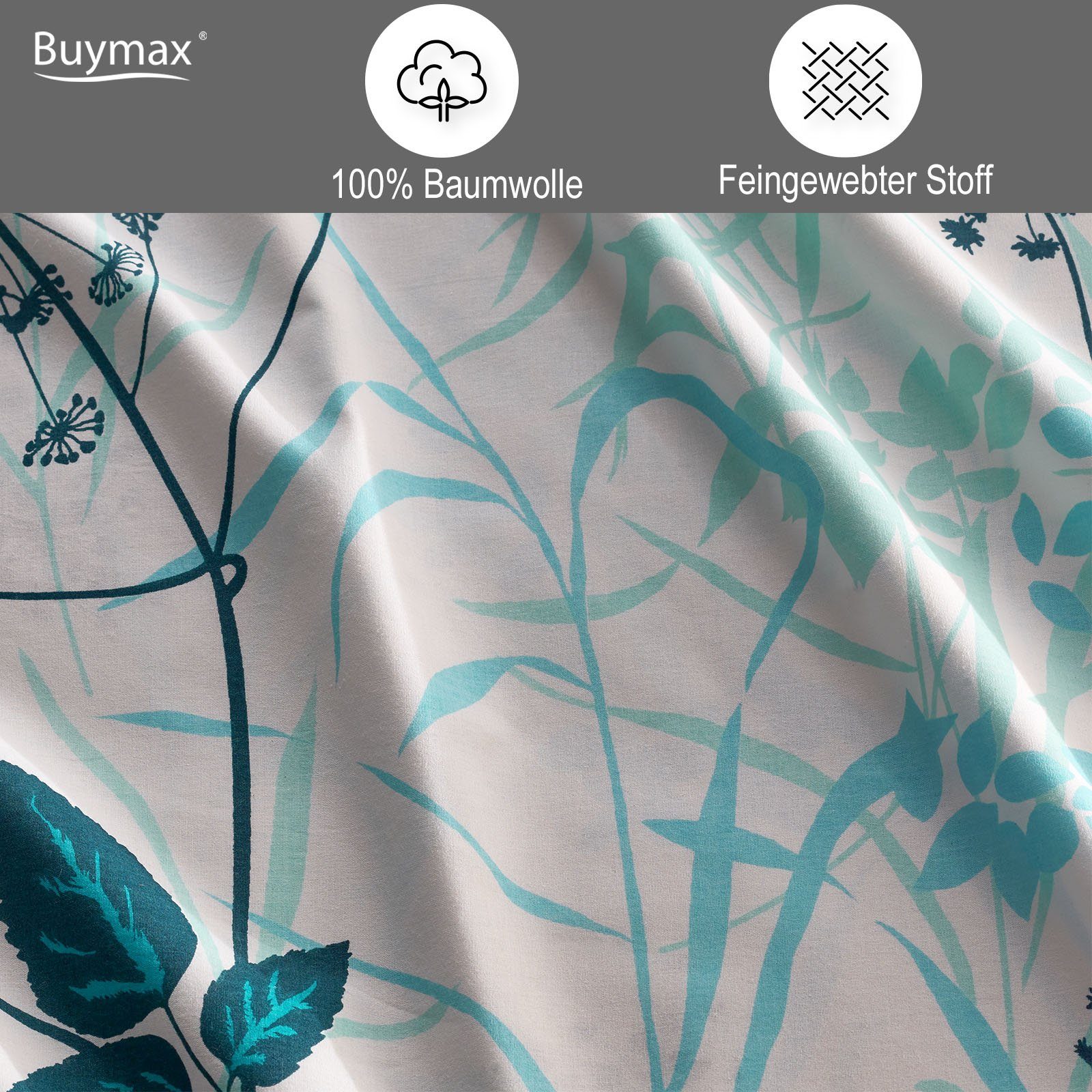 Buymax Bettwäsche Blue Garden, Renforce: 100% Baumwolle, 2 teilig, Bettwäsche-Set in 135x200 cm, mit Reißverschluss, Blumen, Weiß, Blau