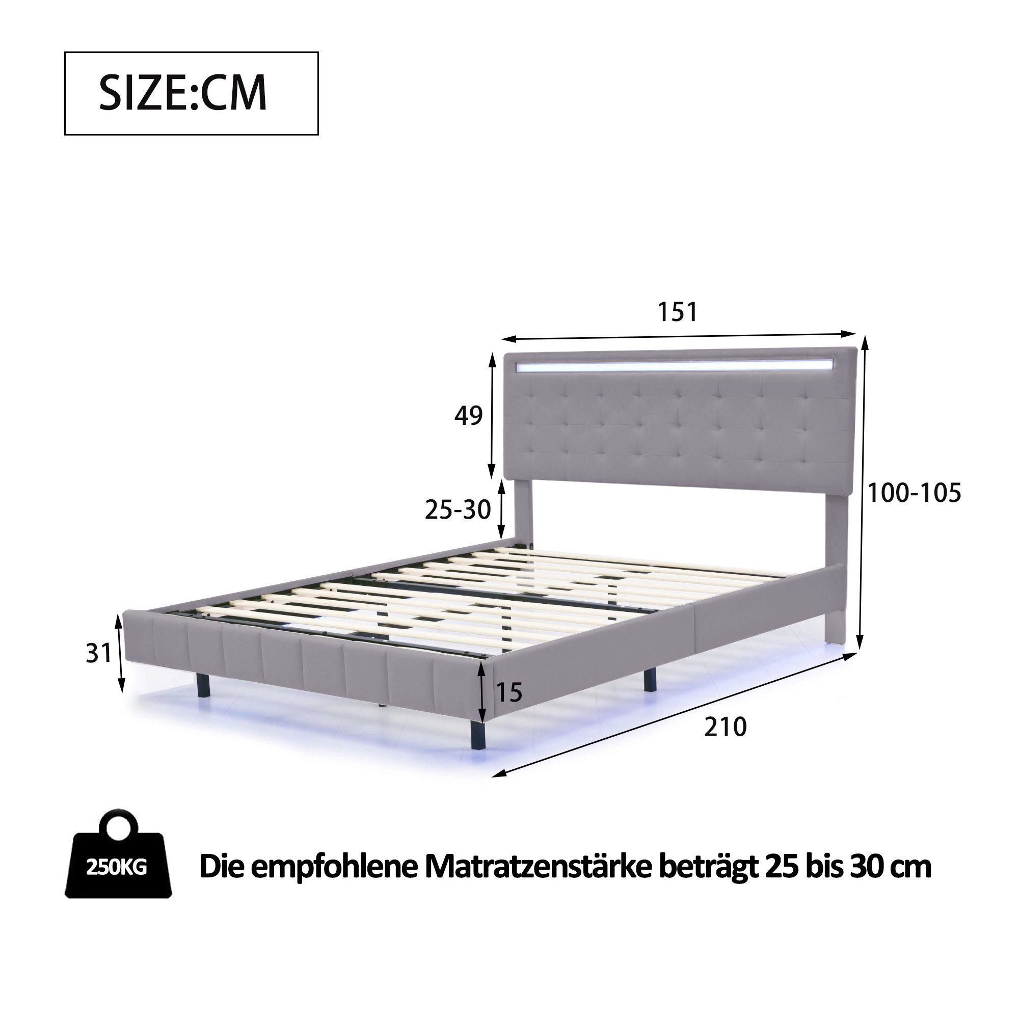 Polsterbett (LED Doppelbett), mit USB Ladefunktion und höhenverstellbarem Kopfteil 140x200cm, Leinen