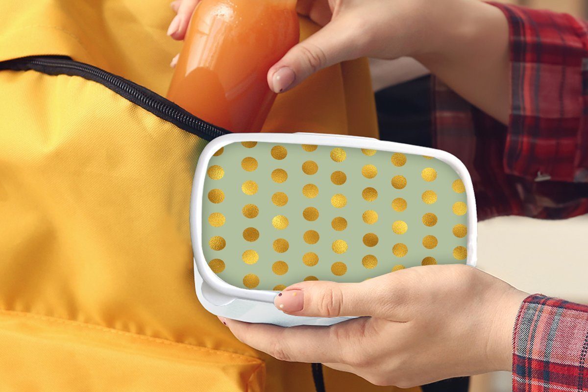 MuchoWow Lunchbox Muster - Grün und Kunststoff, weiß Erwachsene, - Mädchen Jungs und Gold - Tupfen, für Brotbox Brotdose, für (2-tlg), Kinder