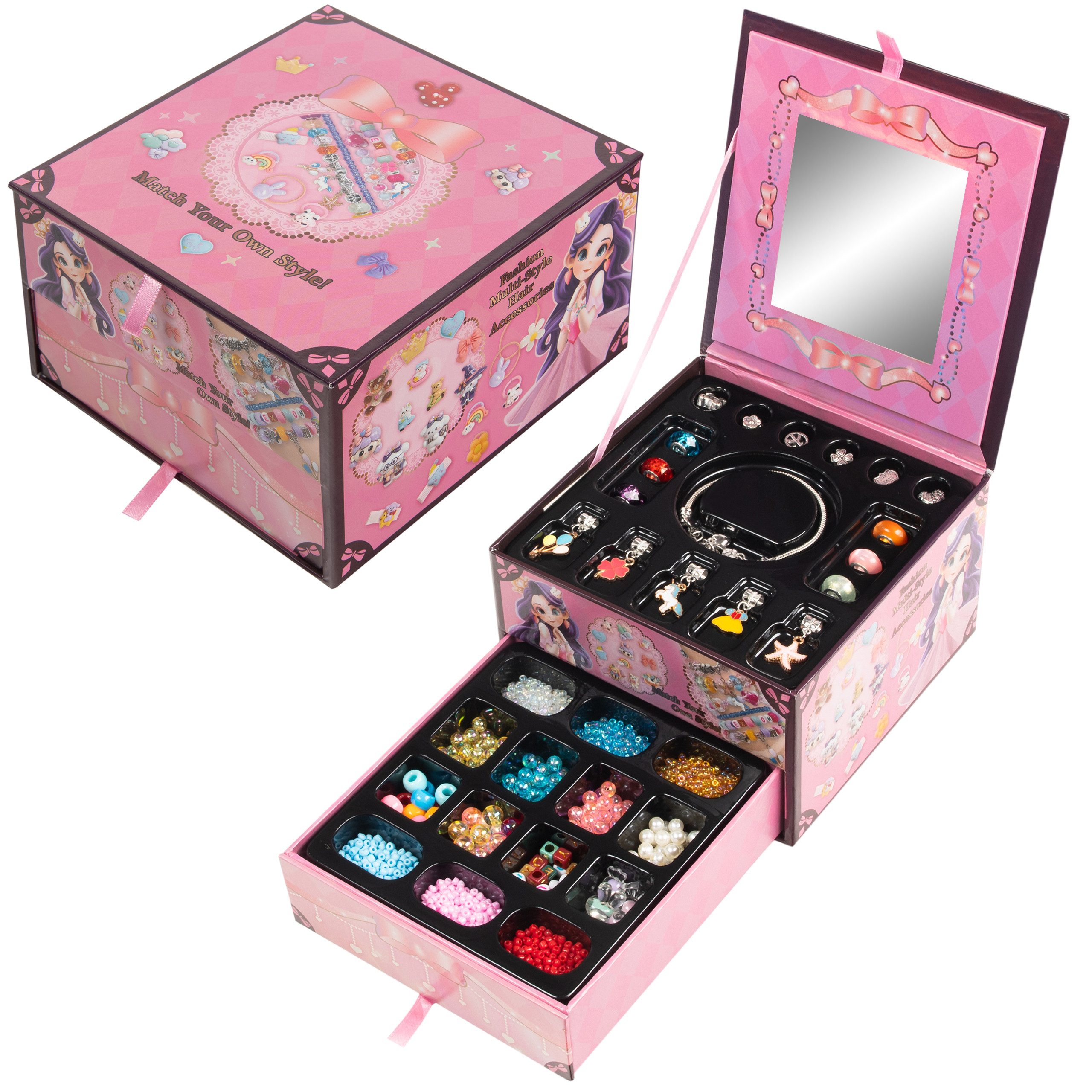 COIL Schmuckset Kinderschmuck, Perlen zum Auffädeln, Selbstbausatz, DIY (32-tlg), Kreativset, Charm Set, Armband, Kette, Haarschmuck