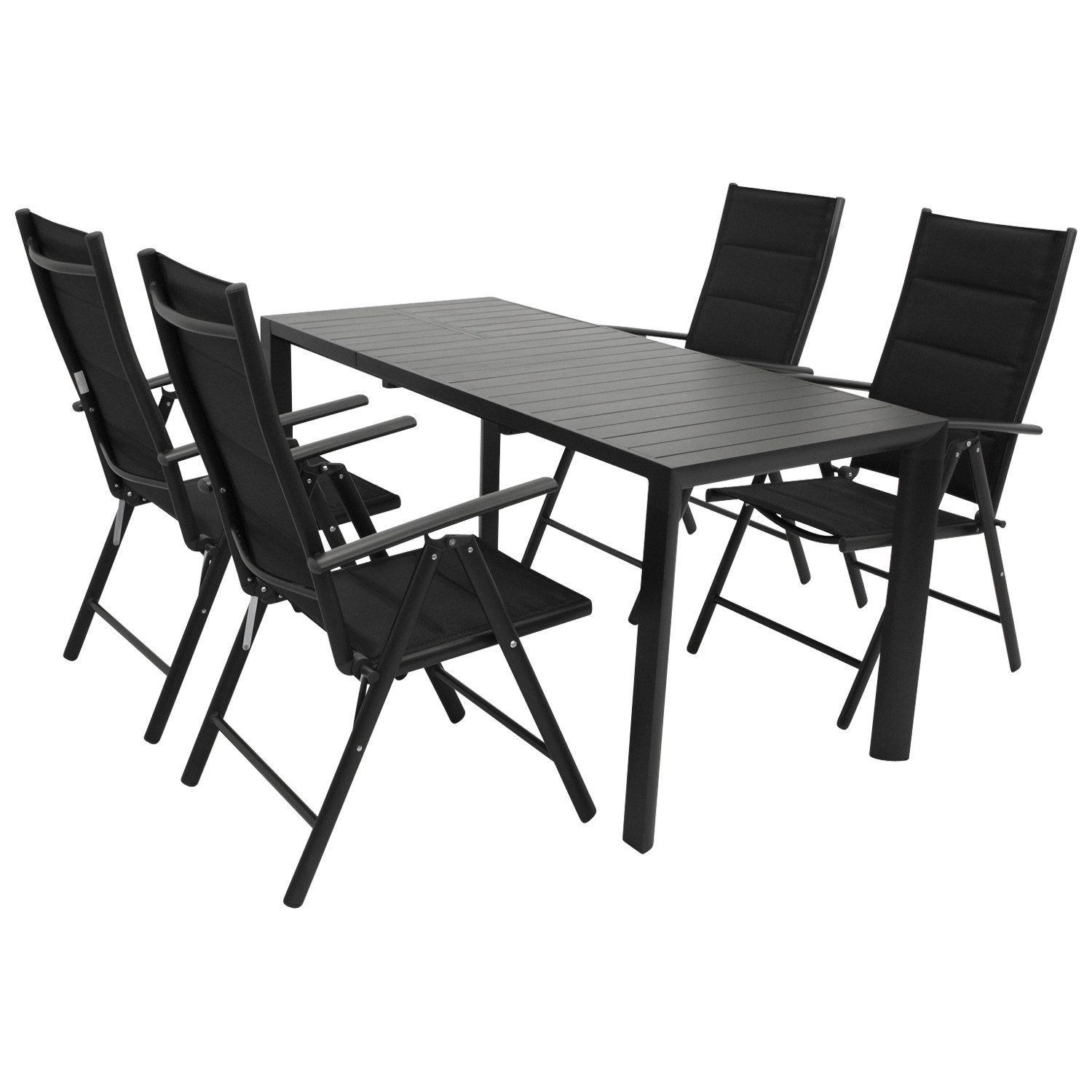 DEGAMO Garten-Essgruppe LAGOS 5-teilig, 4x Klappsessel, 1x Ausziehtisch 120/162x70cm, Alu anthrazit
