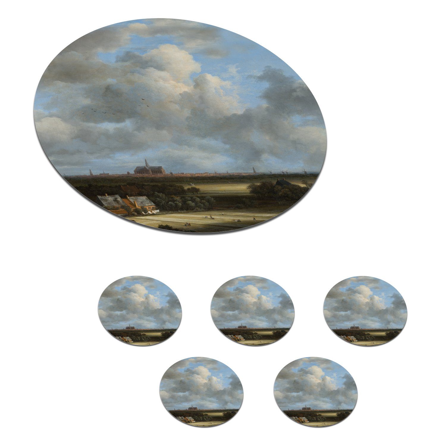 MuchoWow Glasuntersetzer Ansicht von Haarlem mit Tribüne - Gemälde von Jacob van Ruisdael, Zubehör für Gläser, 6-tlg., Getränkeuntersetzer, Tassenuntersetzer, Korkuntersetzer, Tasse, Becher