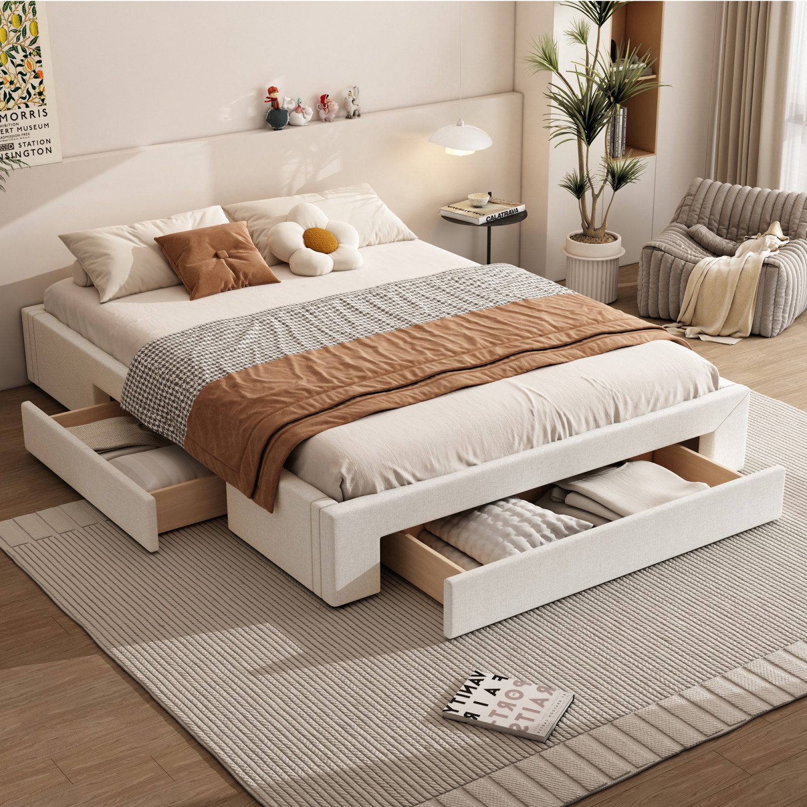 FUROKOY Polsterbett Plattform Bett ohne Kopfteil mit 3 Schubladen, (große Kapazität Lagerung Bettwäsche Bett), Doppelbett schmutzabweisend Leinen 140x200cm, Beige