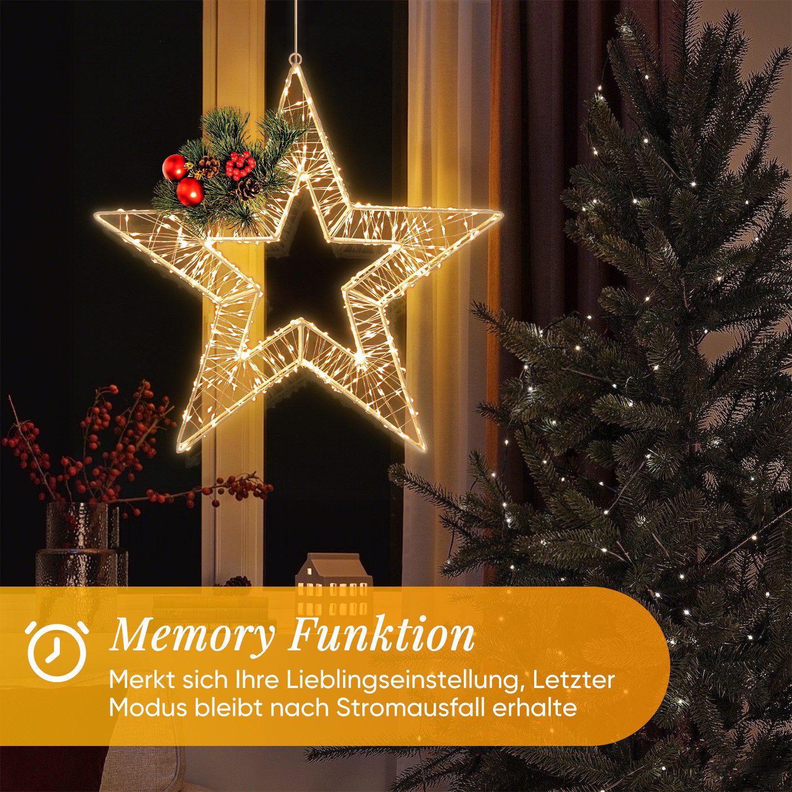 Salcar LED-Lichterkette Lichtkranz LED 3D-Dekokranz Weihnachtskranz Hängekranz Innen & Außen, Ø35cm 400LED/ 8 Modi/ Timer & Memory Stern Lichterkreis Warmweiß – Bild 5 von 5