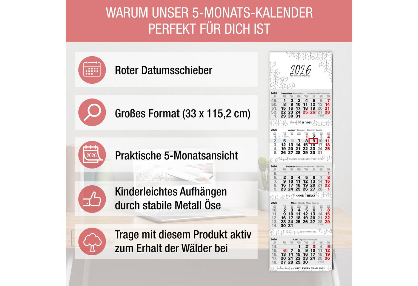 Thumbnail - TOBJA Wandkalender 5 Monatskalender 2026 Wandkalender mit Schieber, Motivierende Sprüche, Kalender 2026 Wandkalender, 33...