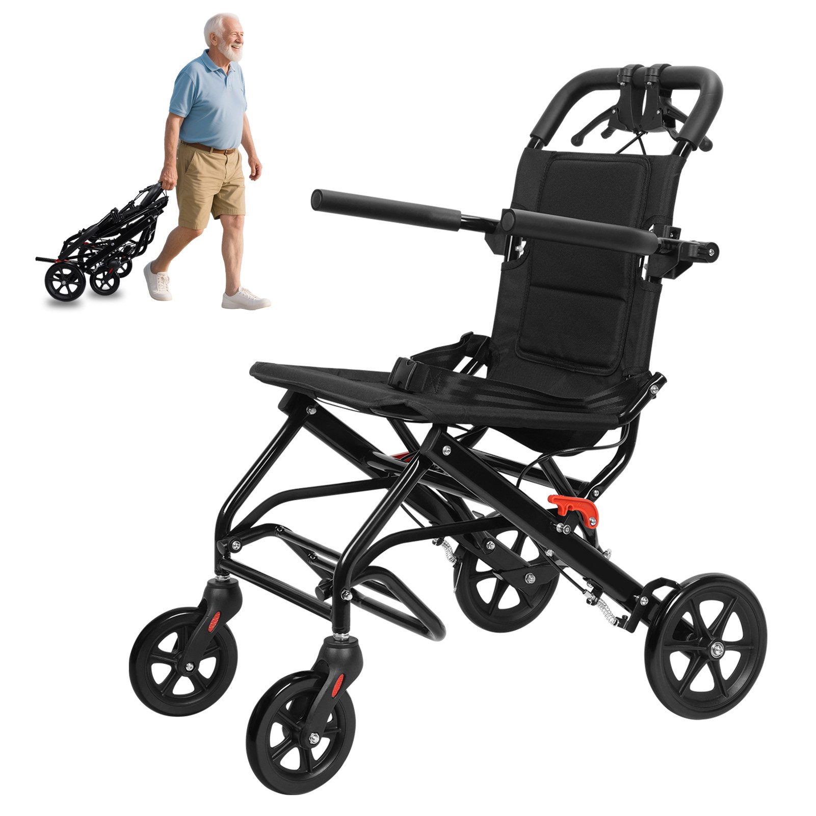 Rutaqian Rollstuhl Manueller Rollstuhl, faltbarer Transportrollstuhl bis zu 100 kg, Transportstuhl für Erwachsene und Senioren mit Zugstange