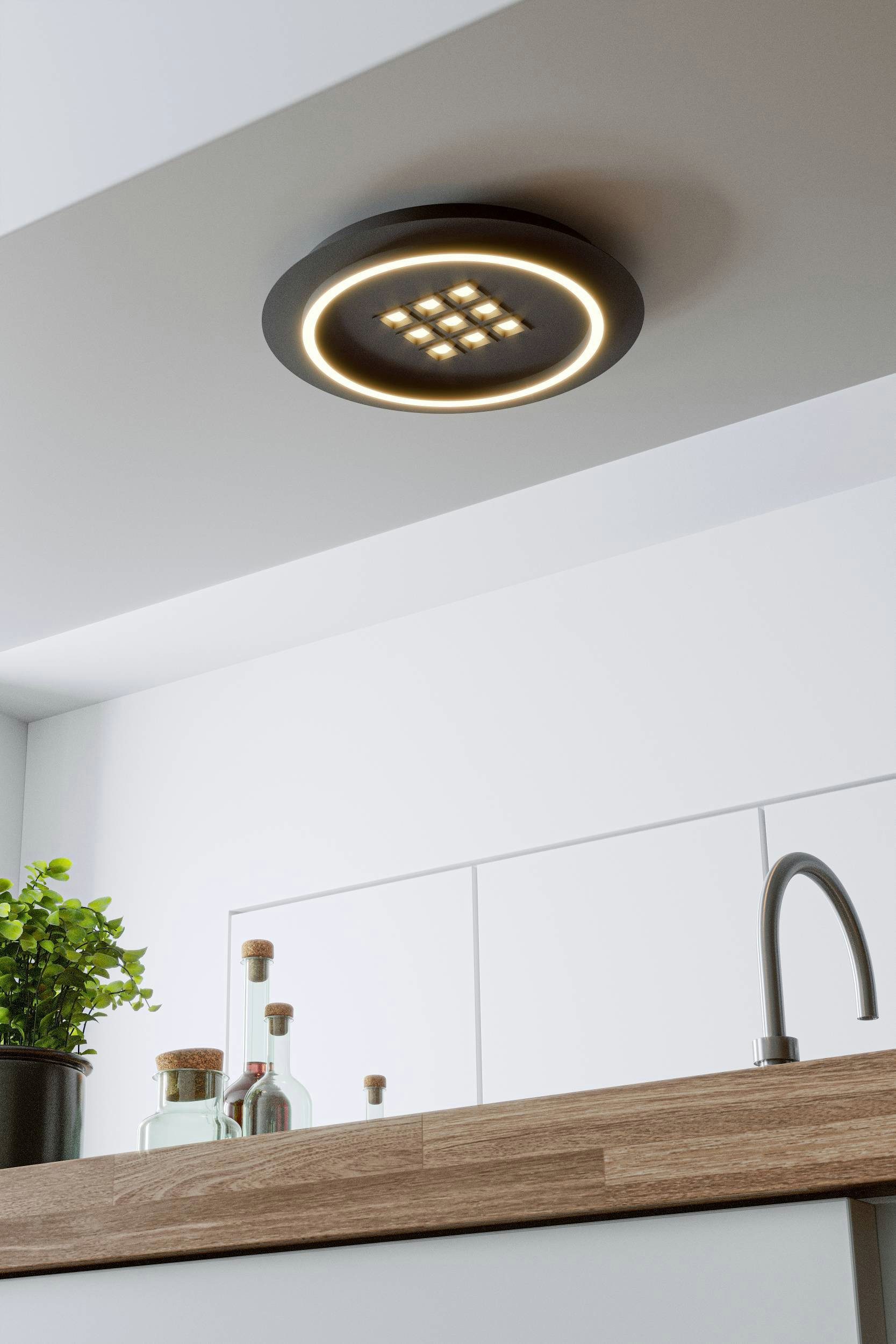 EGLO Deckenleuchte Balazote Deckenlampe rund aus Metall und Konststoff Lampe Bürolampe, CCT - über Fernbedienung, Dimmfunktion, Farbsteuerung, Farbwechsel, dimmbar über Fernbedienung, mehrere Helligkeitsstufen, LED fest integriert, Kaltweiß, Neutralweiß, Warmweiß, Wand-/Deckenleuchte - H5 x Ø38 cm - schwarz - 1X20,5W;9X0,9W inkl.