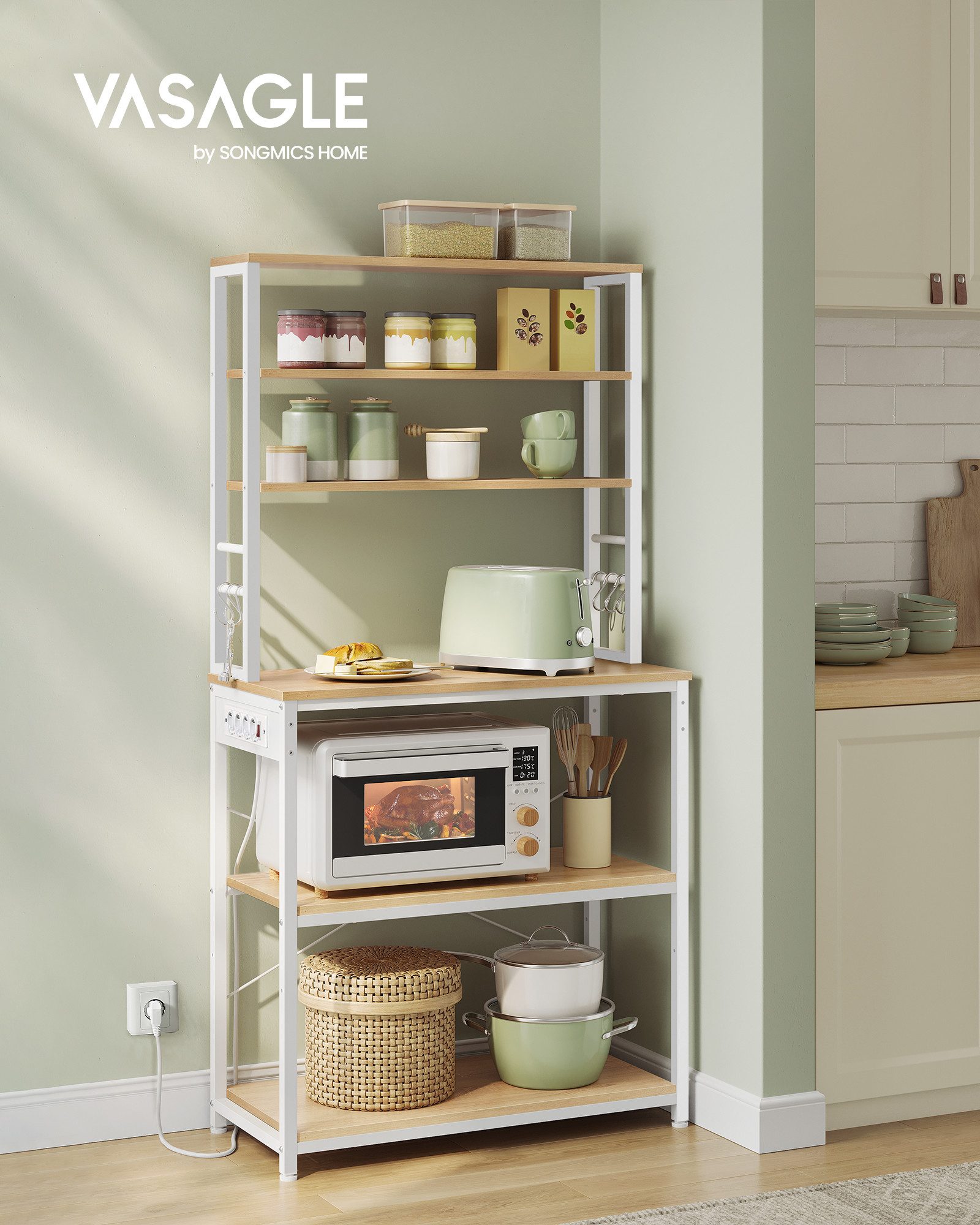 VASAGLE Standregal, mit Steckdosen und 6 Haken, für Mikrowelle, Stahlrahmen günstig online kaufen