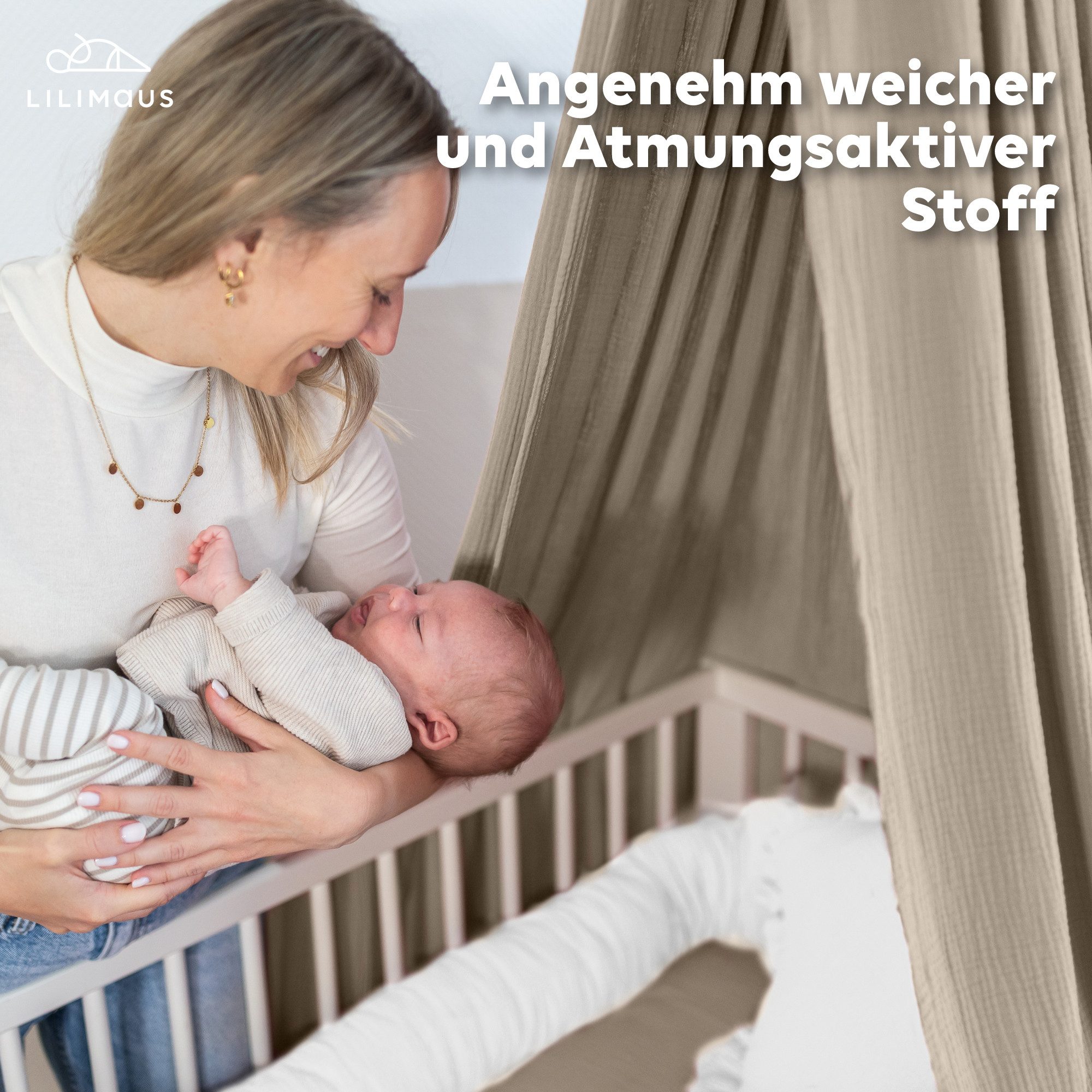 lilimaus Nestchenschlange Bettschlange für Babybett aus Musselin - 200, 300 & 400 cm, (1-tlg), Randschutz & Kuschelrolle mit Befestigungs-Schlaufen - Ø ca. 10-12 cm