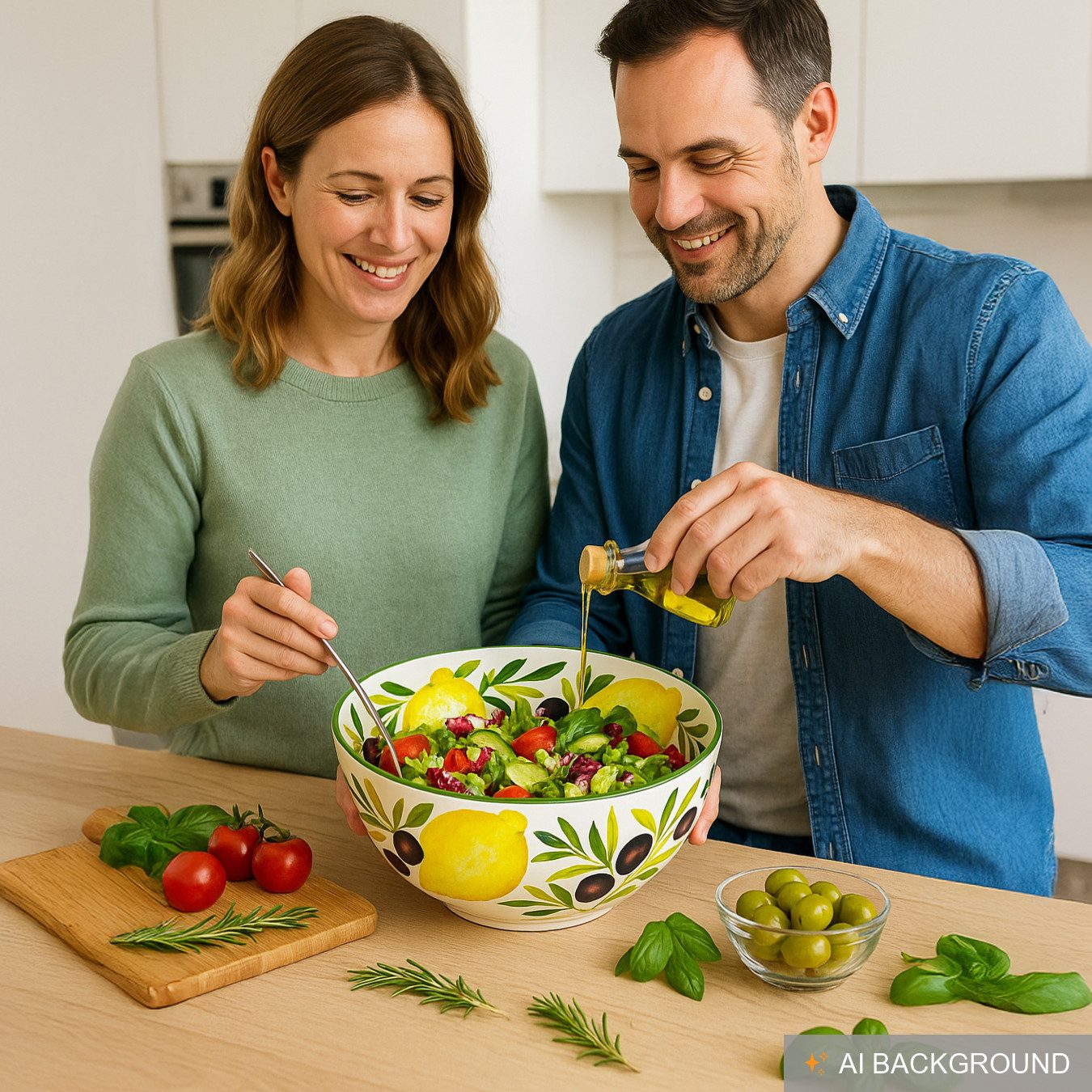 Lashuma Salatschüssel Zitrone Olive, Keramik, (1-tlg), Große Backschüssel handbemalt Ø 26 cm