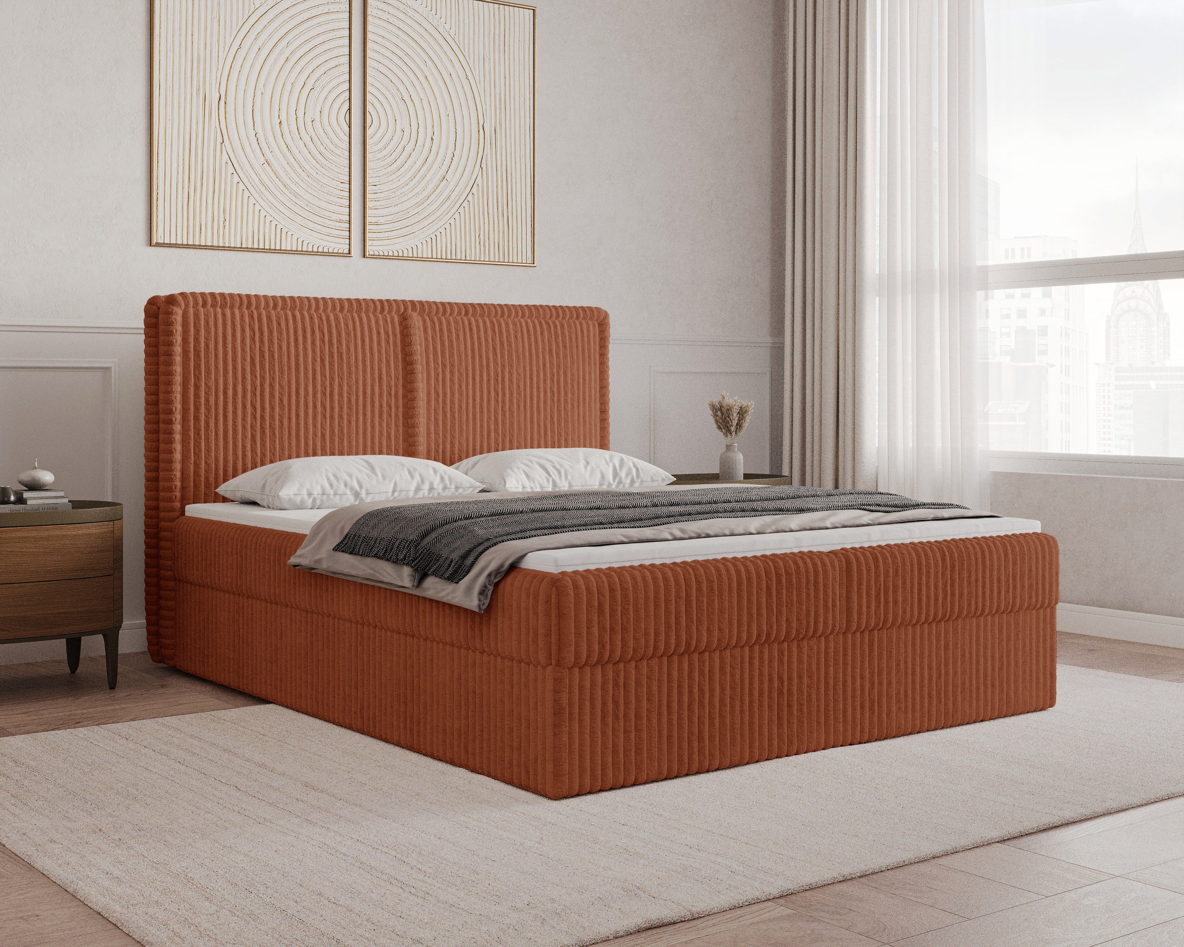 MOEBLO Boxbett BETT 04 aus Cord (mit Bettkasten und Topper – Cord Polsterbett Bett 04 mit gestepptem Kopfteil, Federmechanismus und Stauraum, Doppelbett 140x200, 160x200, 180x200 cm, Boxbett inklusive Topper und integriertem Bettkasten), (B x H x T): 143/163/183 x 113 x 214 cm