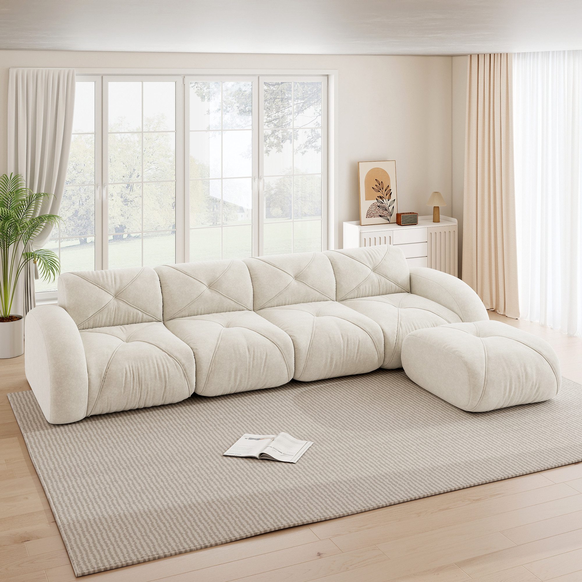HAUSS SPOLE Loungesofa Rahmenlos Relaxsofa 4-Sitzer mit einer Hocker,aus Chenille,Weiß
