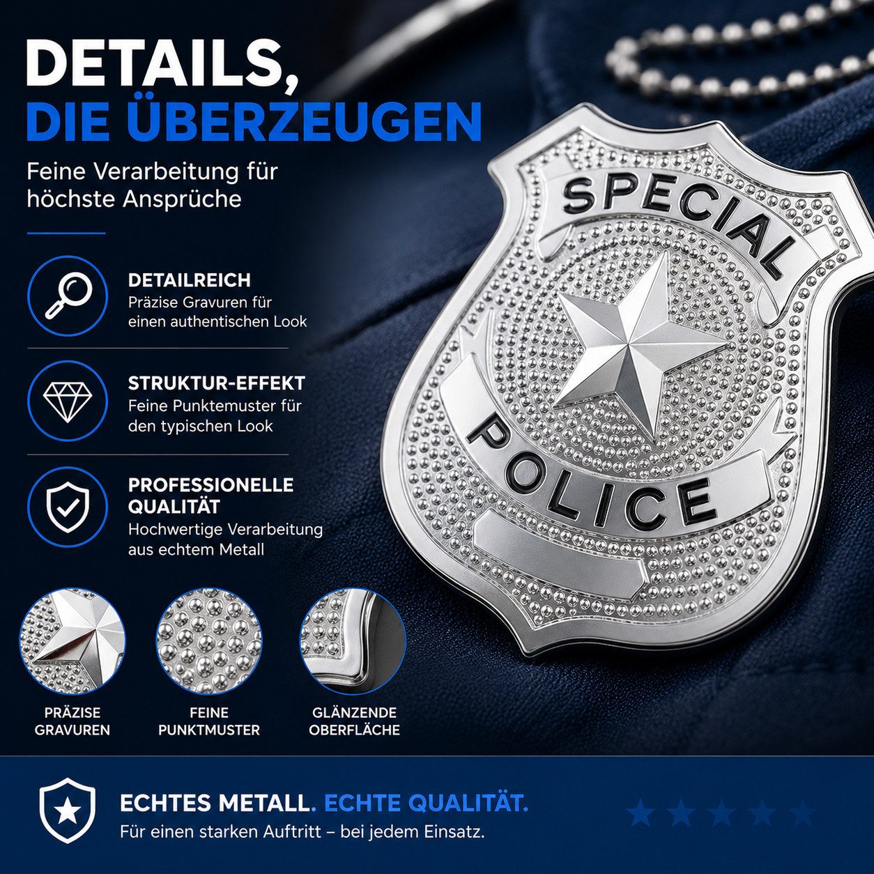 TK Gruppe Kostüm Police Abzeichen Metall silber – Accessoire Fasching & Karneval