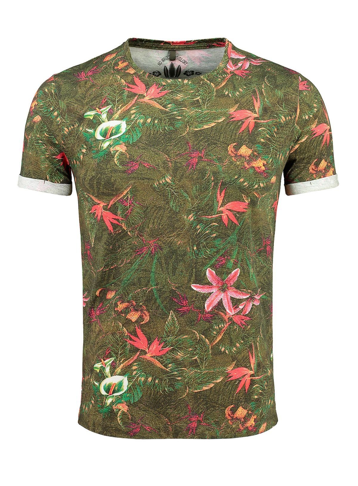 Olive Largo Print Hawaii Look fit allover MT00226 Jungles slim Rundhalsauschnitt T-Shirt Blumenmuster Key kurzarm