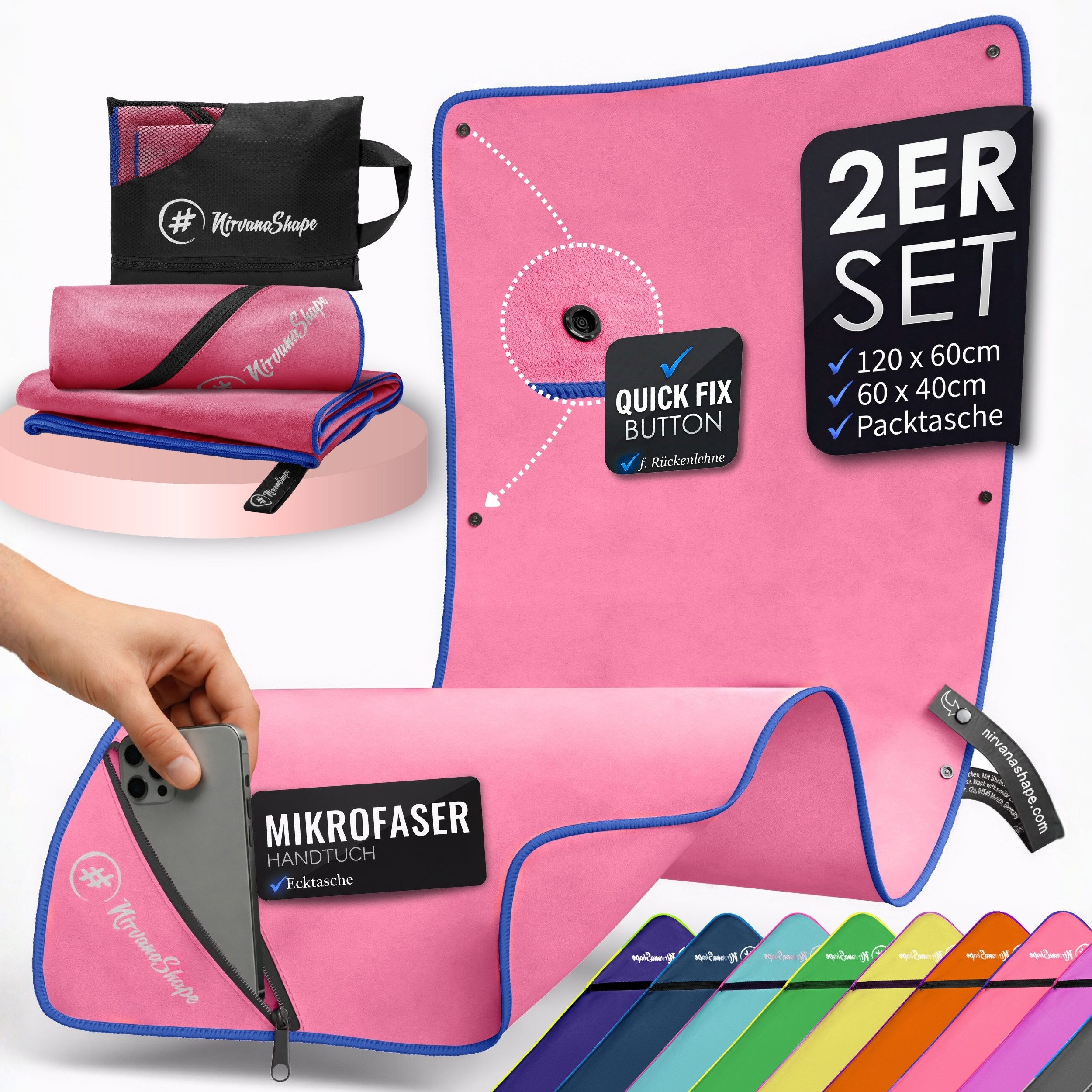 NirvanaShape Reisehandtuch Mikrofaser Handtücher Set, Badehandtuch, Reisehandtuch, Strandtuch, Ecktasche mit Reißverschluss, saugfähig, leicht, schnelltrocknend