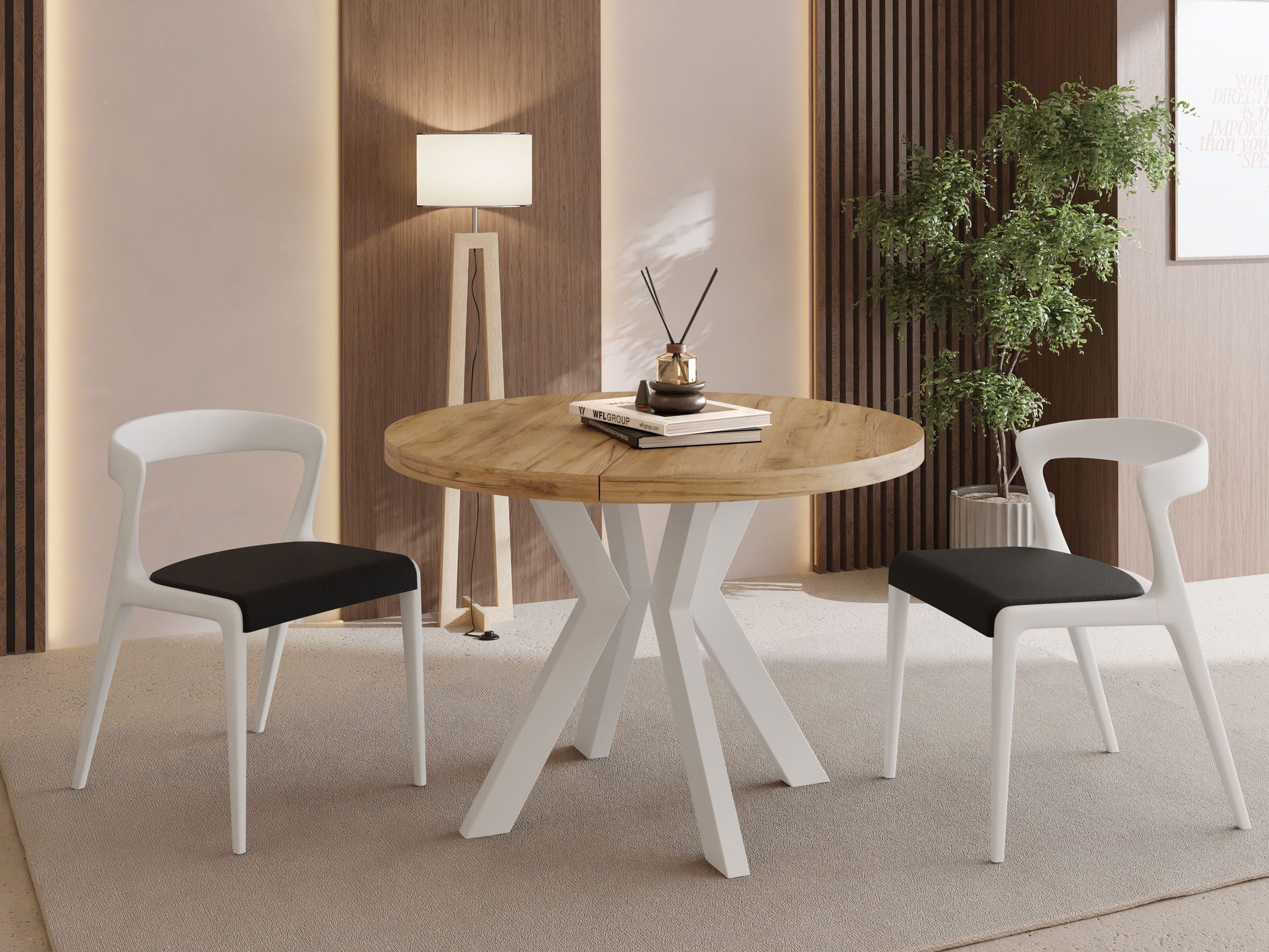 WFL GROUP Esstisch Savio ausziehbar verlängerbar rund modern mit Weißen Holzbeinen (MADE IN EU, XXL Groß – 80/90/100 cm ausziehbar auf 130/190/200/300 cm), platzsparender Tisch für kleine Küche, Esszimmer oder Wohnzimmer