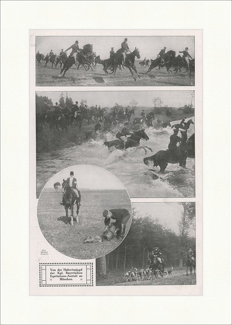Kunstdruck Hubertusjagd der Kgl. Bayr. Equitations-Anstalt 1909 Pferde F_Vintage