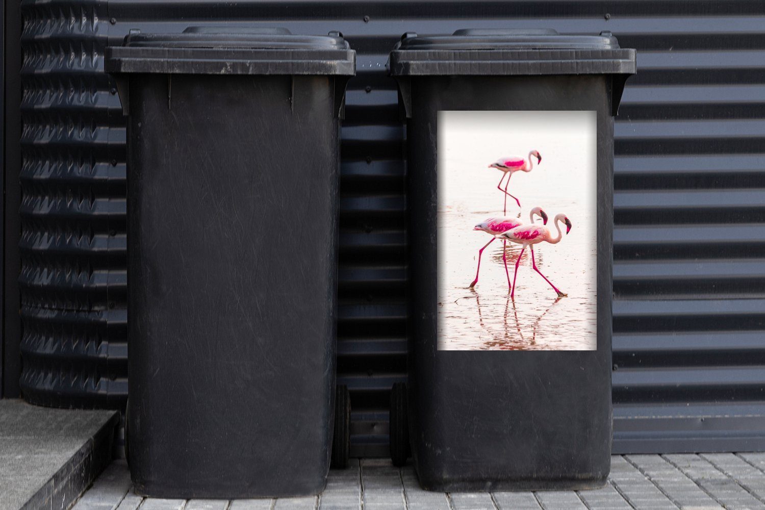 (1 Abfalbehälter Sticker, Rosa Wandsticker beim Container, St), MuchoWow Spaziergang Flamingos Mülltonne, Mülleimer-aufkleber,